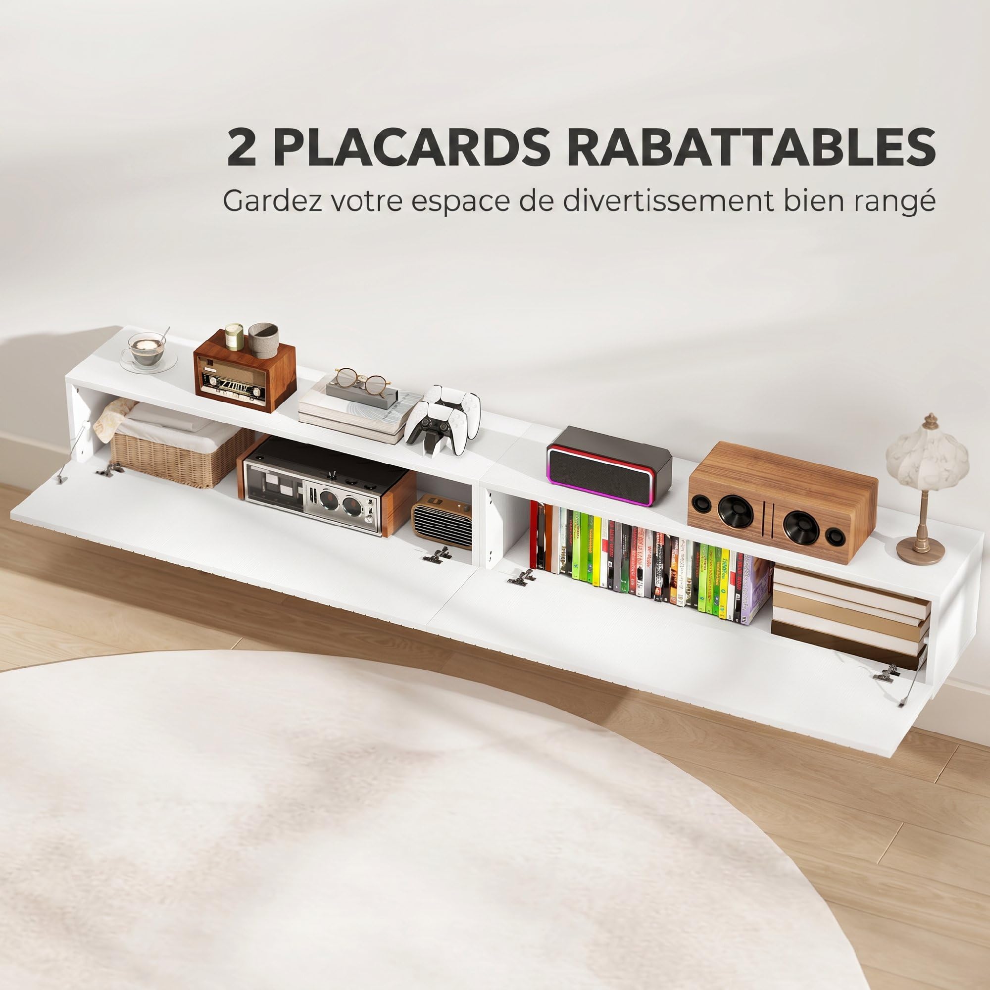 HOMCOM Meuble TV Suspendu 180 cm pour Téléviseur 72 Pouces Blanc | Meuble Télé, 2 Portes Cannelées Rabattables, Banc TV Mural Flottant, Salon, Chambre à Coucher
