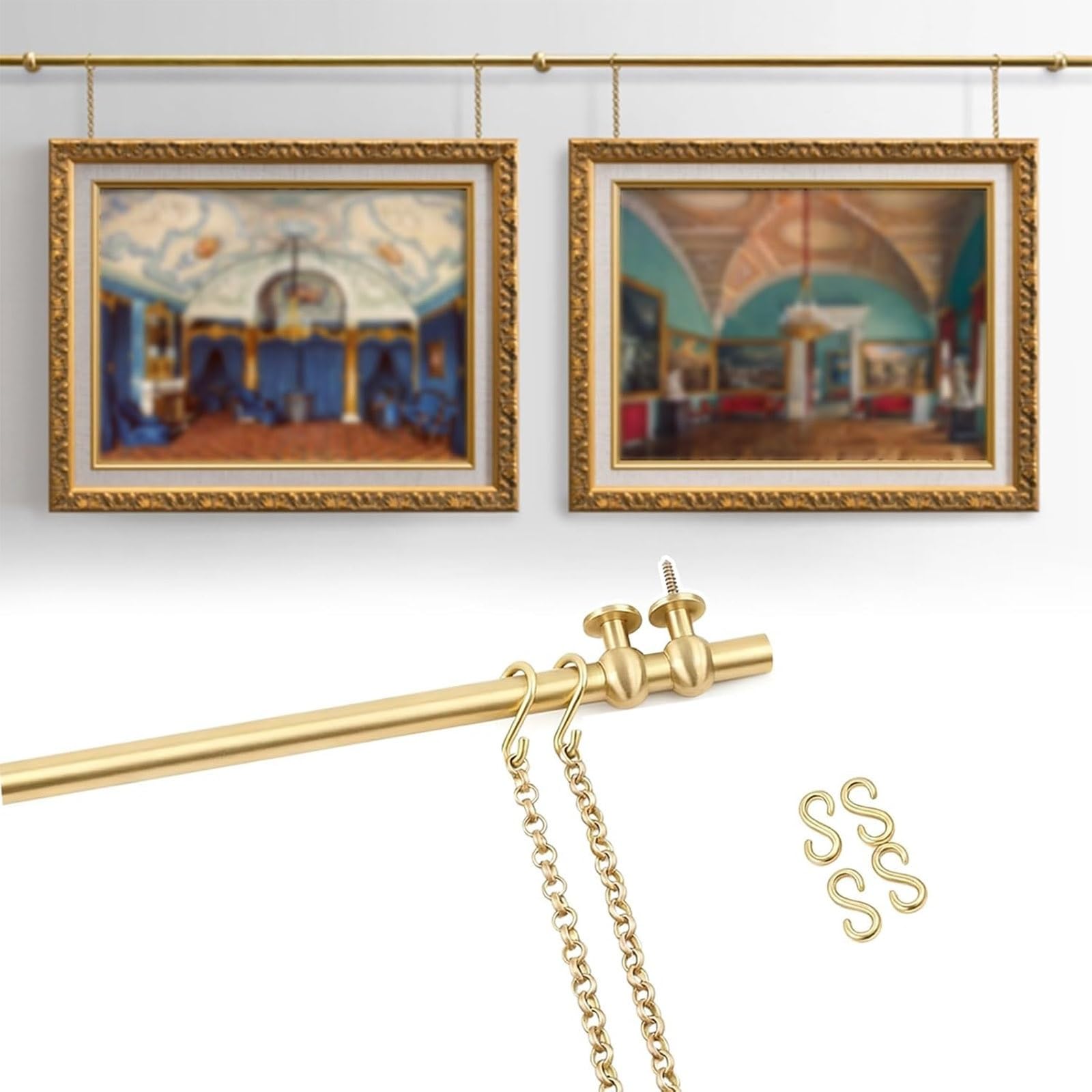 Xxbbyubo Picture Hanging kit Brass Rod, Adjustable Picture Rail Hanging System, Vintage French Style Picture Hanging Rail with Chain & Hooks(150cm)