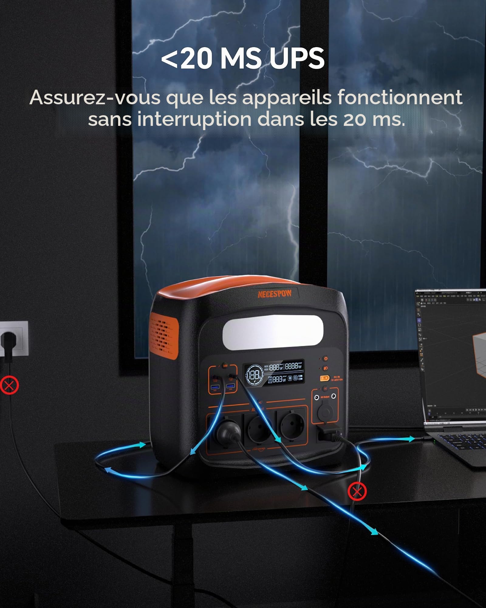 Station d'alimentation portable 1800 W (pointe de 3600 W), batterie LiFePO4 1024 Wh, charge rapide en 65 min, PD 100 W, USB-C/AC/DC, charge solaire, pour camping, courant d'urgence, extérieur