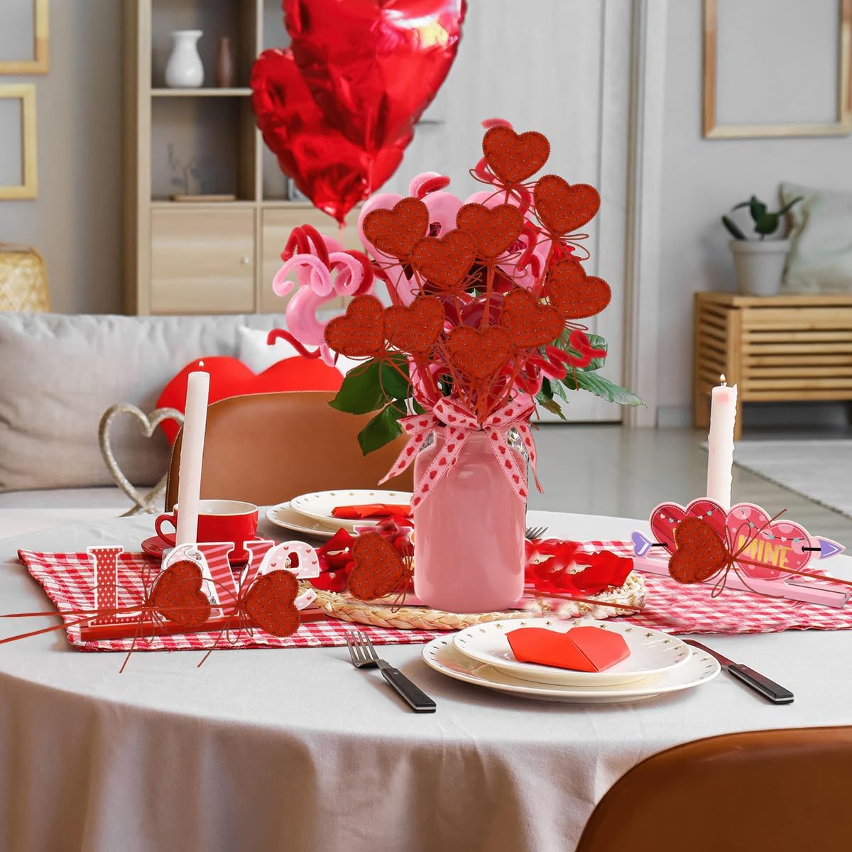 10 Pcs Valentine's Day Glitter Heart Picks Red Sparkly Sticks with Bow for Valentines Wedding Holiday Party Flowers Vase Crafts Stems Home Table Decorations Supplies