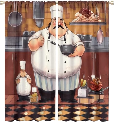 Miniatura 53 de Cortina de decoración de cocina de chef, retro gourmet de dibujos animados, chef gordo de cocina, patrón de comida gourmet, decoración del hogar,