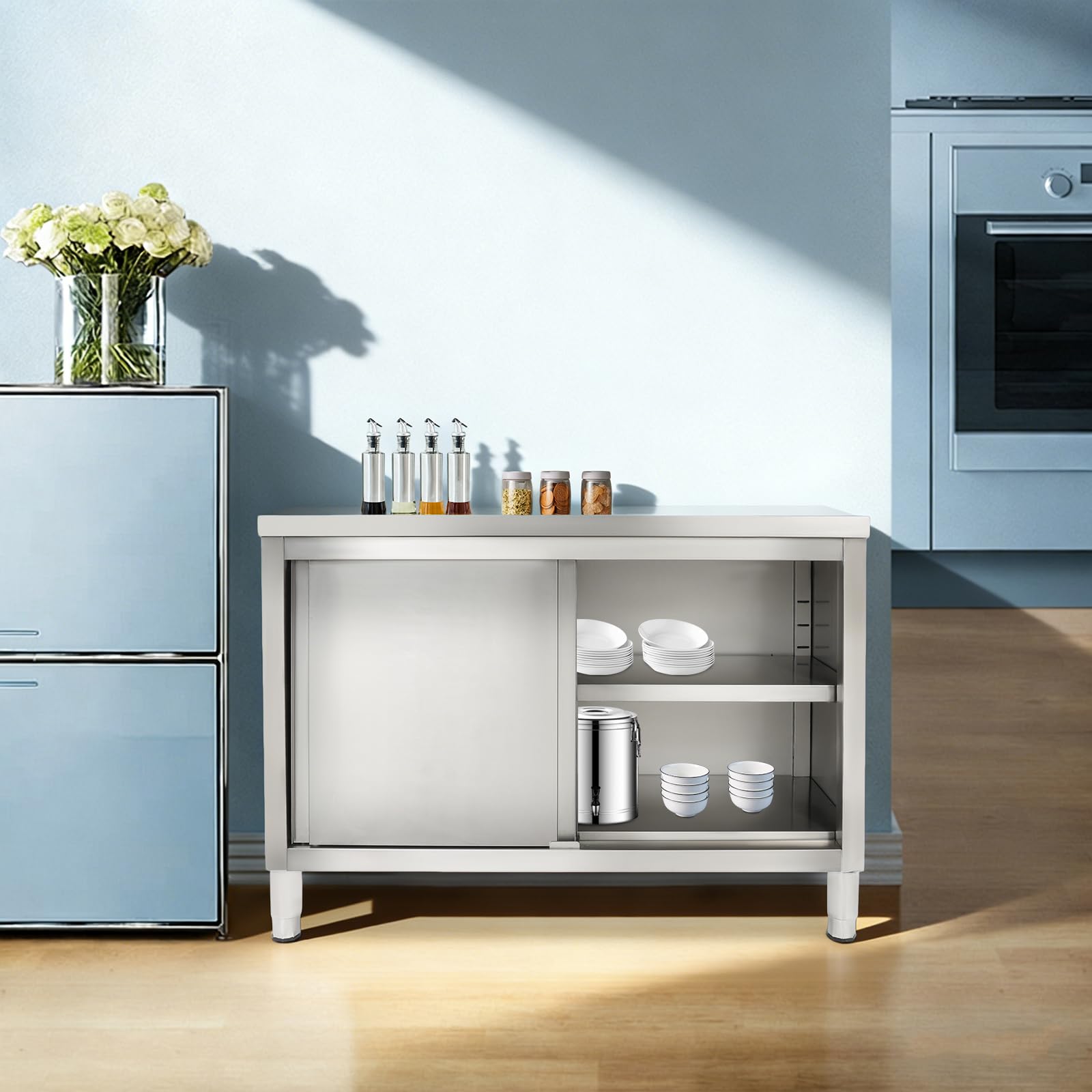 Tavolo da lavoro a 3 piani in acciaio inox con ante scorrevoli, 120 x 50 cm, tavolo di preparazione commerciale con grande piano di lavoro e armadio, in acciaio inox, per ristorante, casa