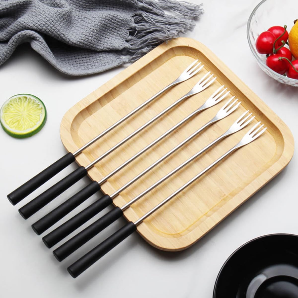 Beavorty 6pcs Stainless Steel Chocolate Dipping Forks with Pp Handles, Long Handle Fondue Forks for Cheese, Fruit, and Household Grill, Kitchen Dining Entertaining Tool Set