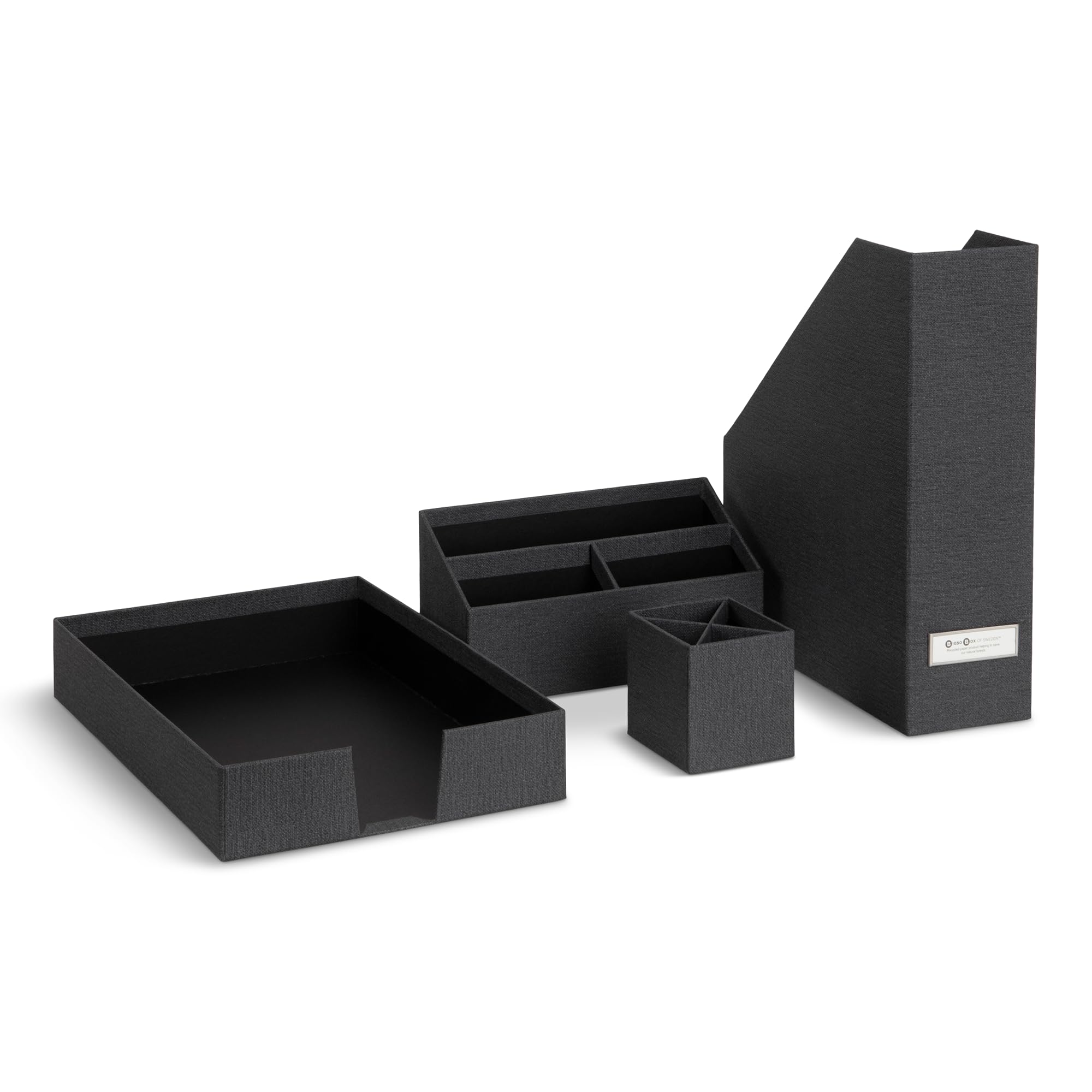 BIGSO HUGO 4-teiliges Schreibtisch Set mit 1 Stehsammler, 1 Stifthalter, 1 Sortierkasten und 1 Box ohne Deckel – Ordnungssystem aus Faserplatte und Papier in Leinenoptik – schwarz