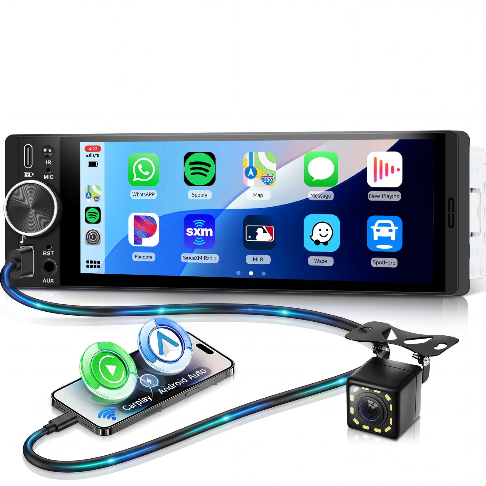 VECHTEL Autoradio 1 Din avec Carplay Android Auto sans Fil, 6.28 Pouces Incell HD Écran Tactile Poste Radio Voiture Soutien Bluetooth 5.2 Radio FM EQ USB/Type-C/AUX Mirror Link SWC Caméra de Recul