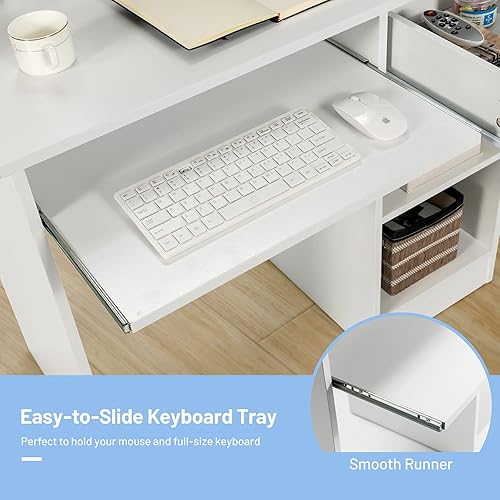 Miniatura 5 de Tangkula Escritorio blanco para computadora con bandeja para teclado y cajón, moderno escritorio de estudio de madera con estantes de almacenamiento