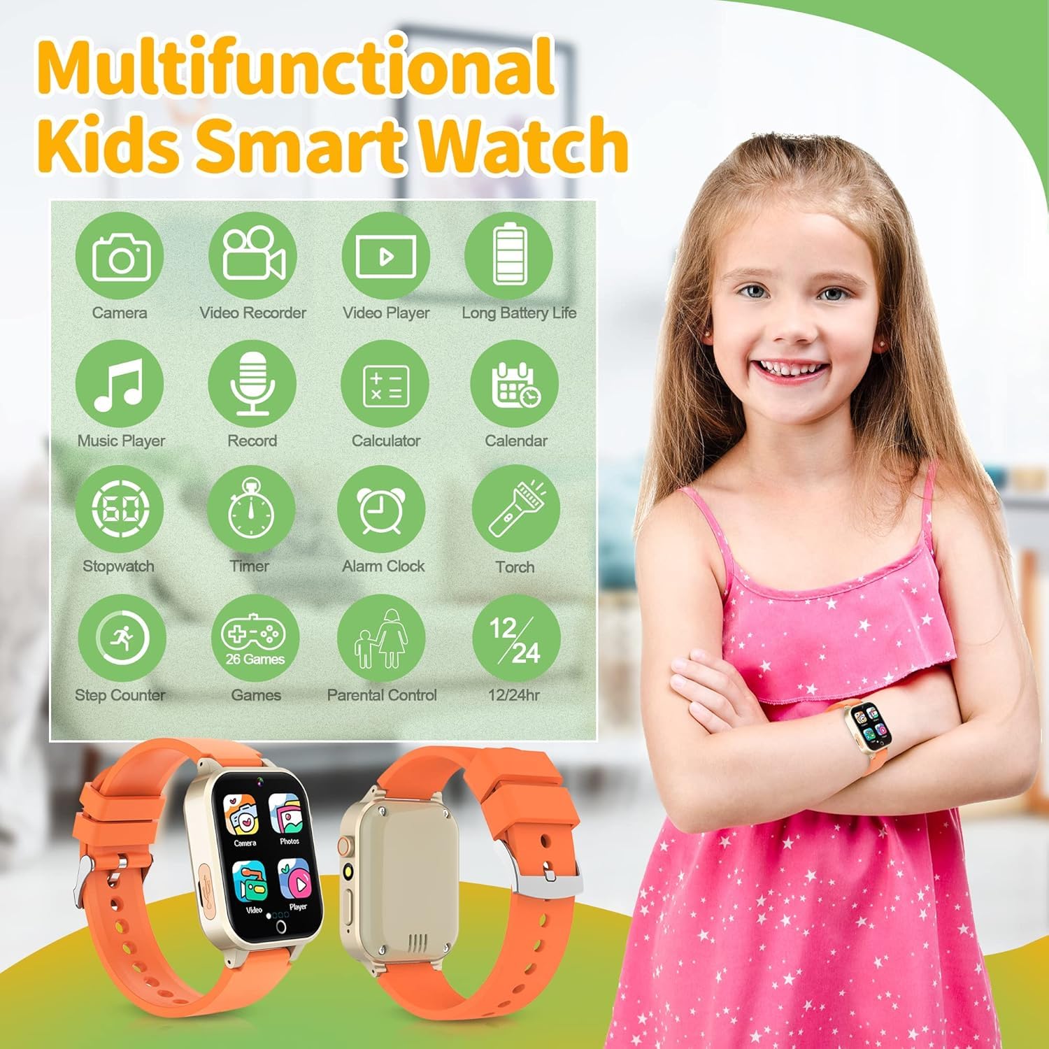 Smartwatch per Bambini - 26 Giochi,Contapassi Calorico,Orologio Smartwatch Bambini con Fotocamere,Musicale,Torcia,Sveglia,Giocattoli Educativi,Regalo di Compleanno per Bambini[Scheda SD integrata]