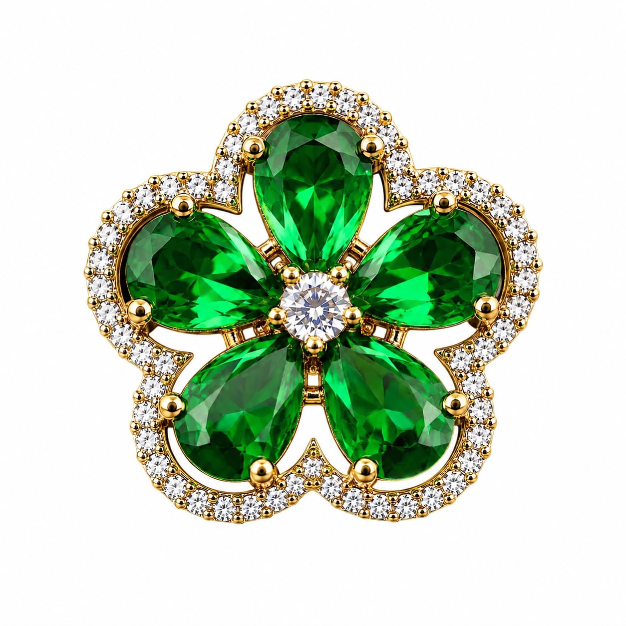Floral Brooch with Green Emerald Crystal Petals, Gold-Tone Setting, Diamond Accent Centre-image-7