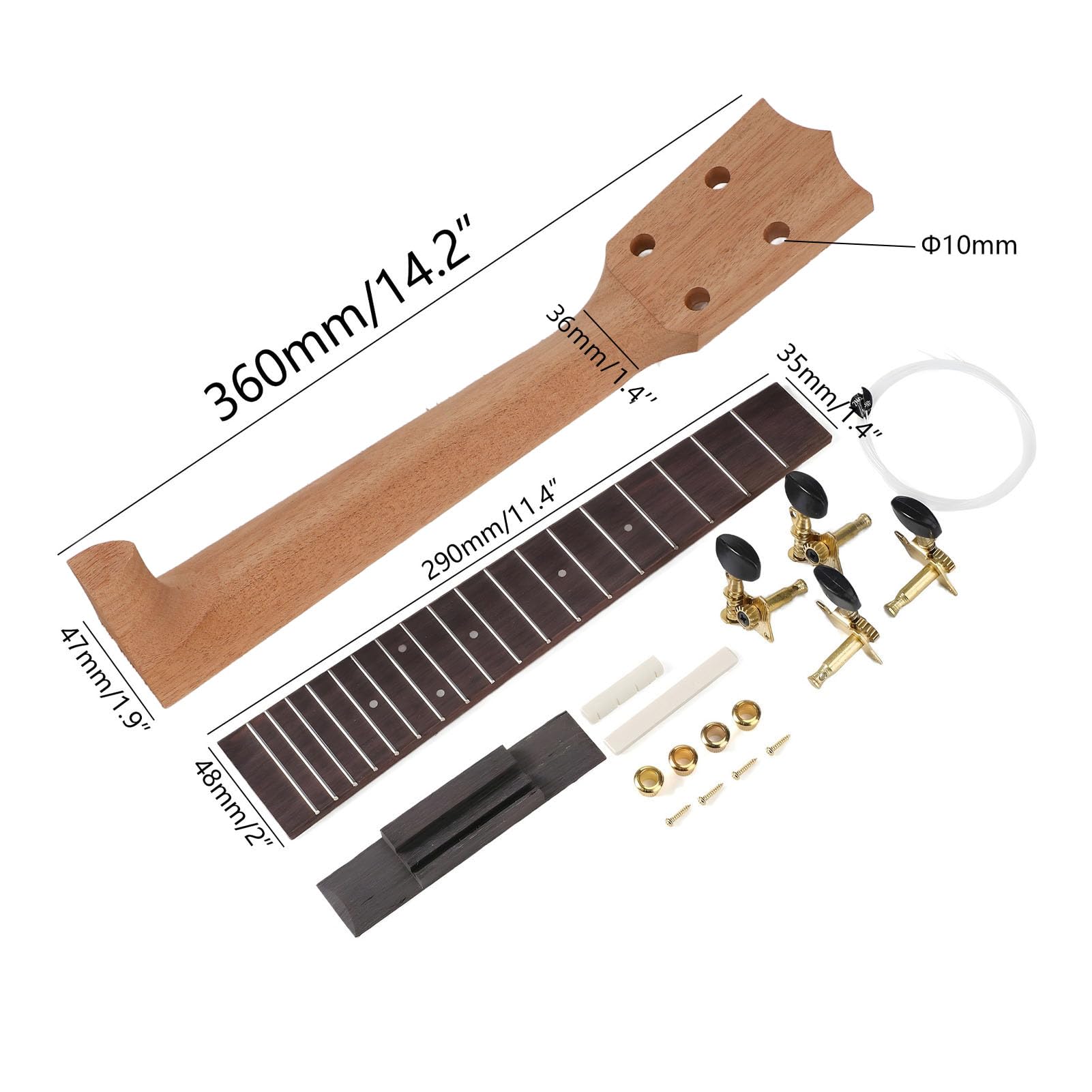 Ukulele Neck Kit, Ukulele Neck Fretboard Replacement Kit, Neck String Knobs Bridge Rosewood Fingerboard Set, for 23 Inch Ukulele