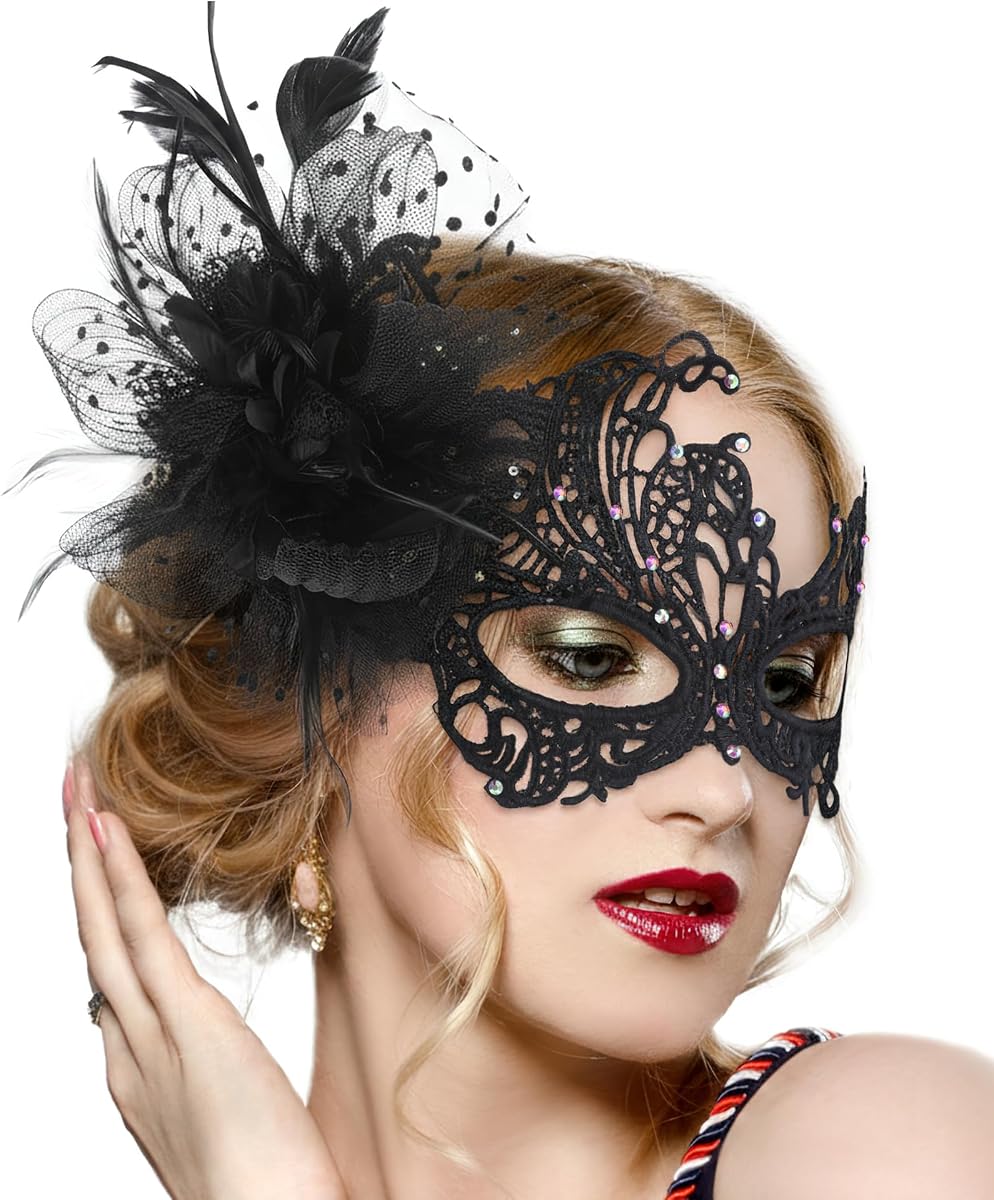 Lace Masquerade Masks for Women - Halloween Elegant Venetian Flower Mask 1920s 50s Party Eyemask for Woman