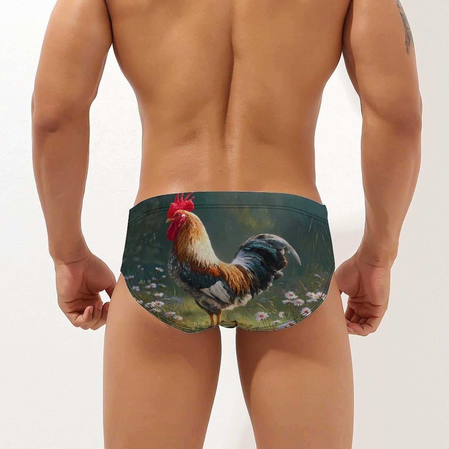 Rooster Grass Daisies Flowers Men's Swimwear Bikini Swimming Briefs Stretchy Swimsuits Board Surf Shorts Trunks