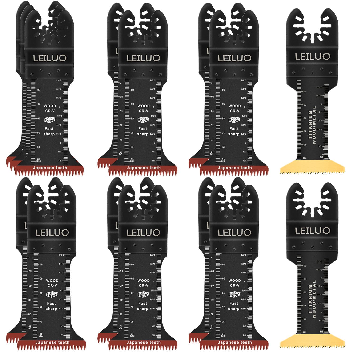 LEILUO 15 Pcs Extra Long Multitool Blades 70mm Japanese Tooth & Titanium Oscillating Tool Blades 44mm Wide Saw Blade for Deep Cutting Wood Metal Compatible with DeWalt Makita Milwaukee and More