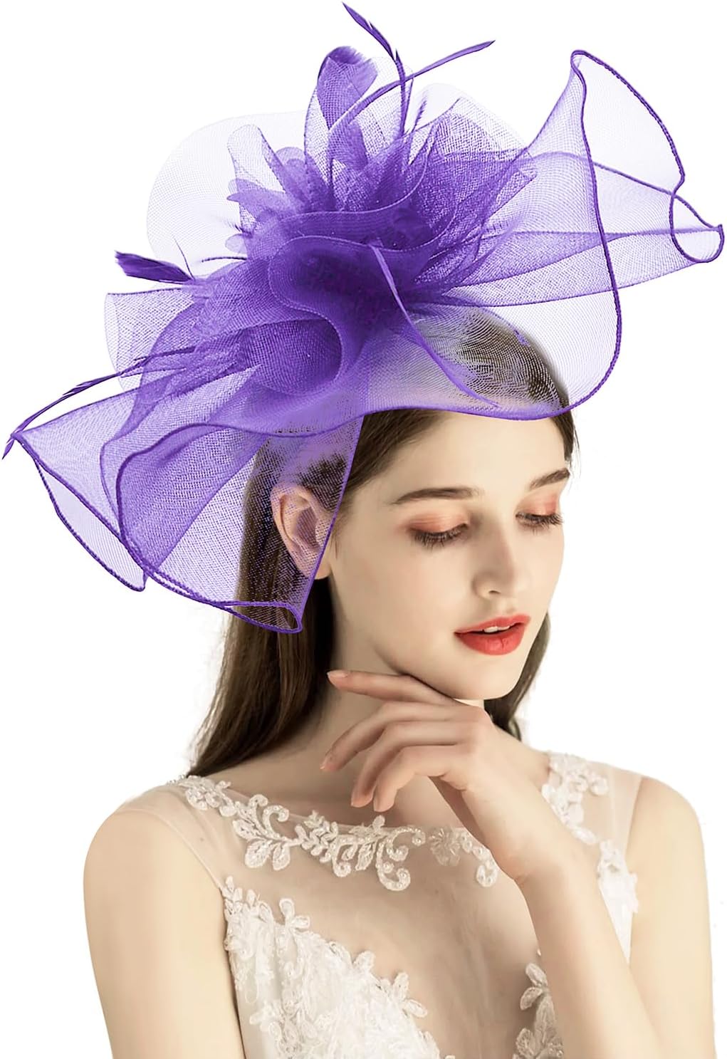 Fascinator Hats for Women Mesh Bow Rhinestone Feather Wedding Tea Party Derby Hat Clip Headband