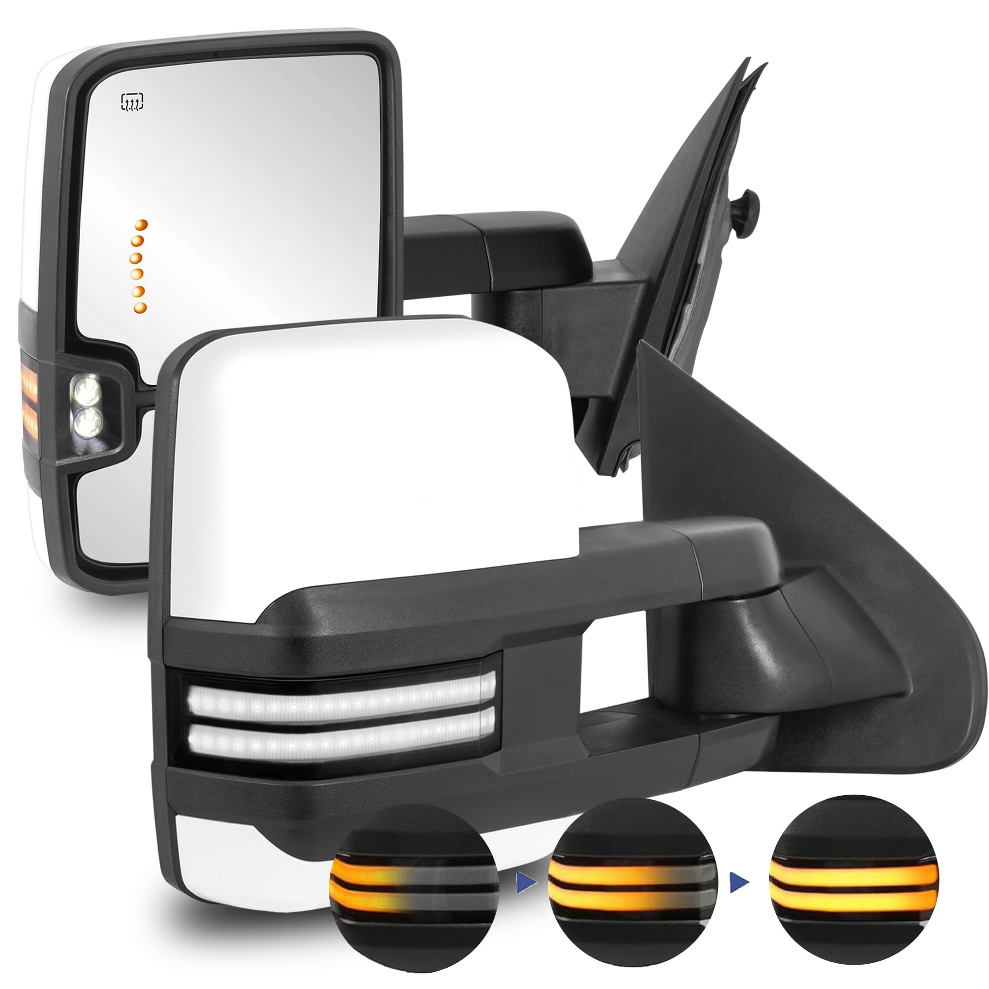 2PCS Painted White Towing Mirrors Power Heated Compatible for 1999-2002 Chevy Silverado Suburban Tahoe GMC Serria Yukon w/Sequential Turn light, Clearance Lamp, White Running Light
