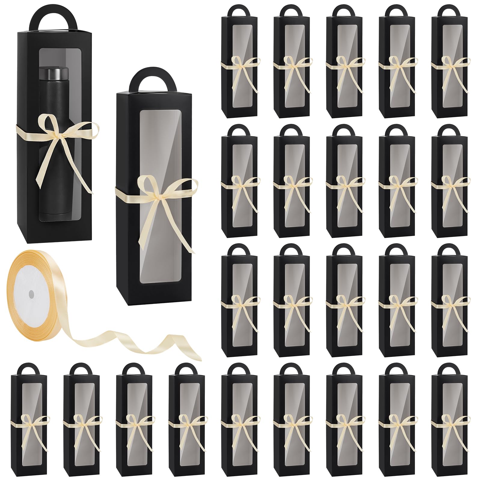 DELORIGIN 30 Pack Black Tumbler Gift Boxes with Handle for 16oz 20oz 30oz Glass Cups Wine Clear Window Gift Boxes with 25 Yards Gold Ribbon for Sublimation Tumblers Wedding Favors Gifts Packaging