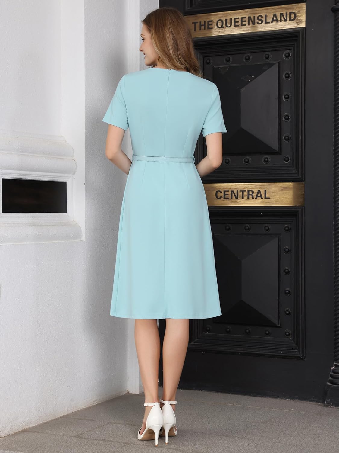 Women's A Line Dress Short Sleeve Asymmetrical Neck Elegant Business Work Dresses with Belted
