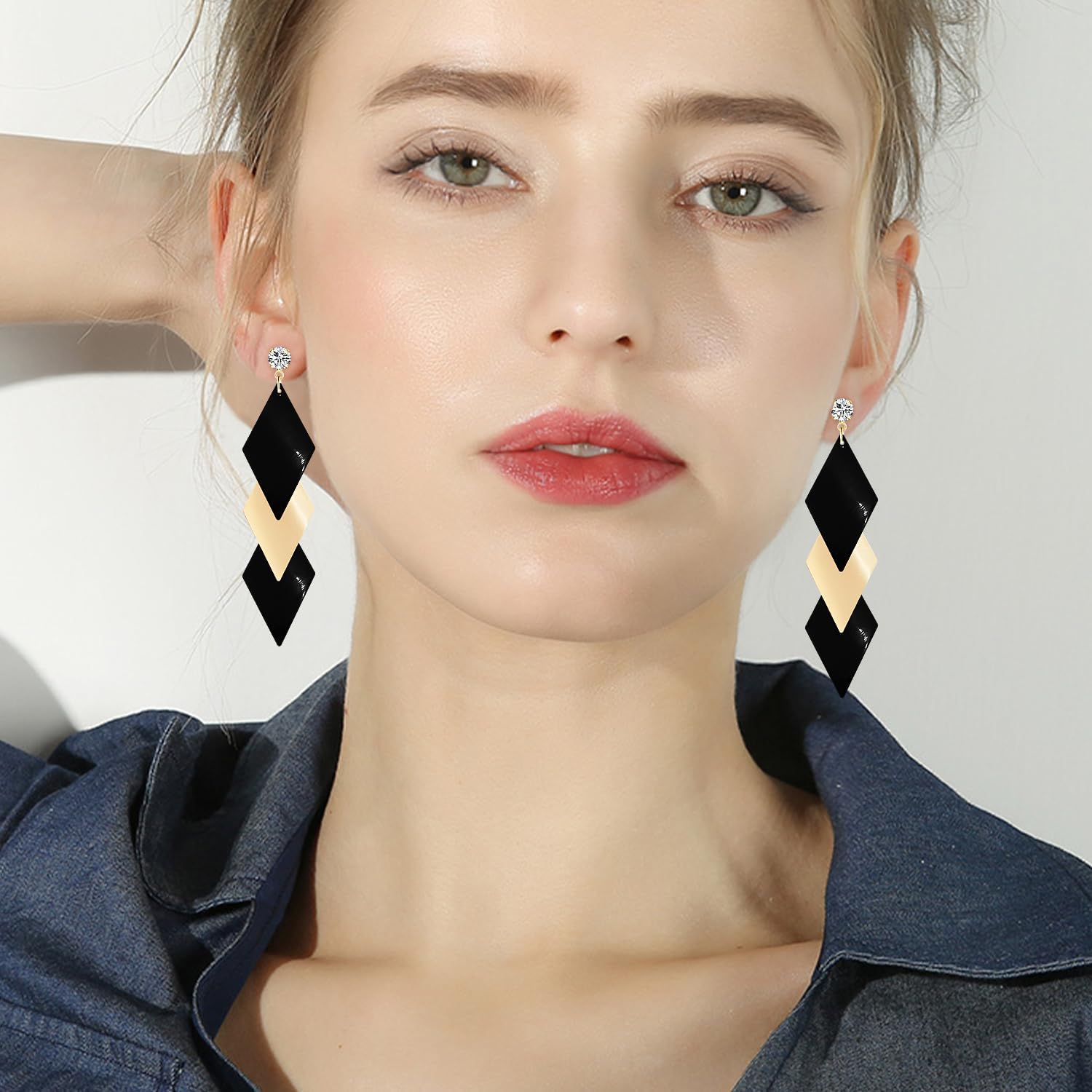 70s 80s Retro Lightweight Three Rhombus Chain Dangle Drop Earring Minimalist Geometry Stud Earrings for Women - Image 4