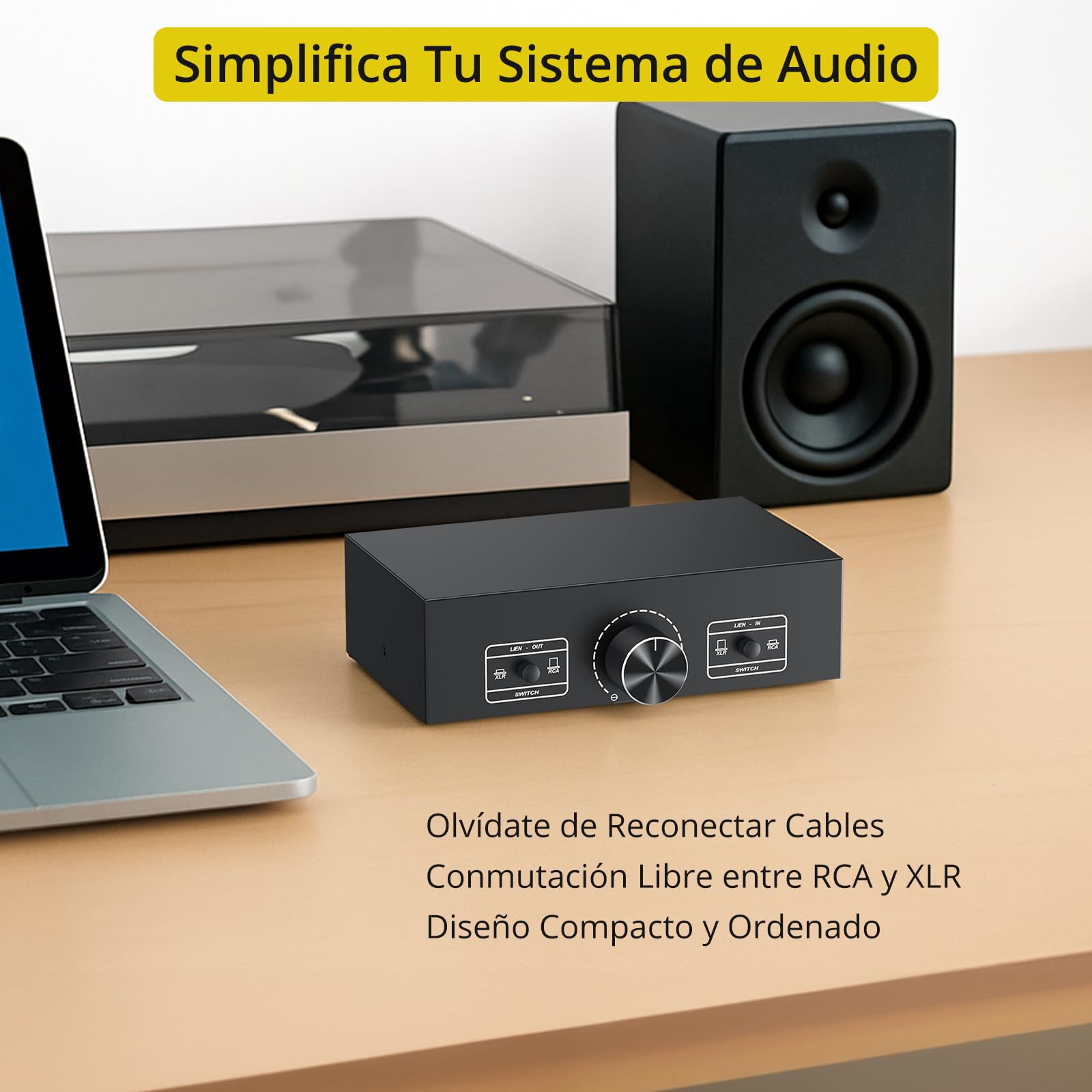 PROZOR Selector de Audio XLR/RCA 2-Entradas 2-Salidas Convertidor Divisor de Señal con Control de Volumen para Altavoces Activos Estudio DJ Casa Negro
