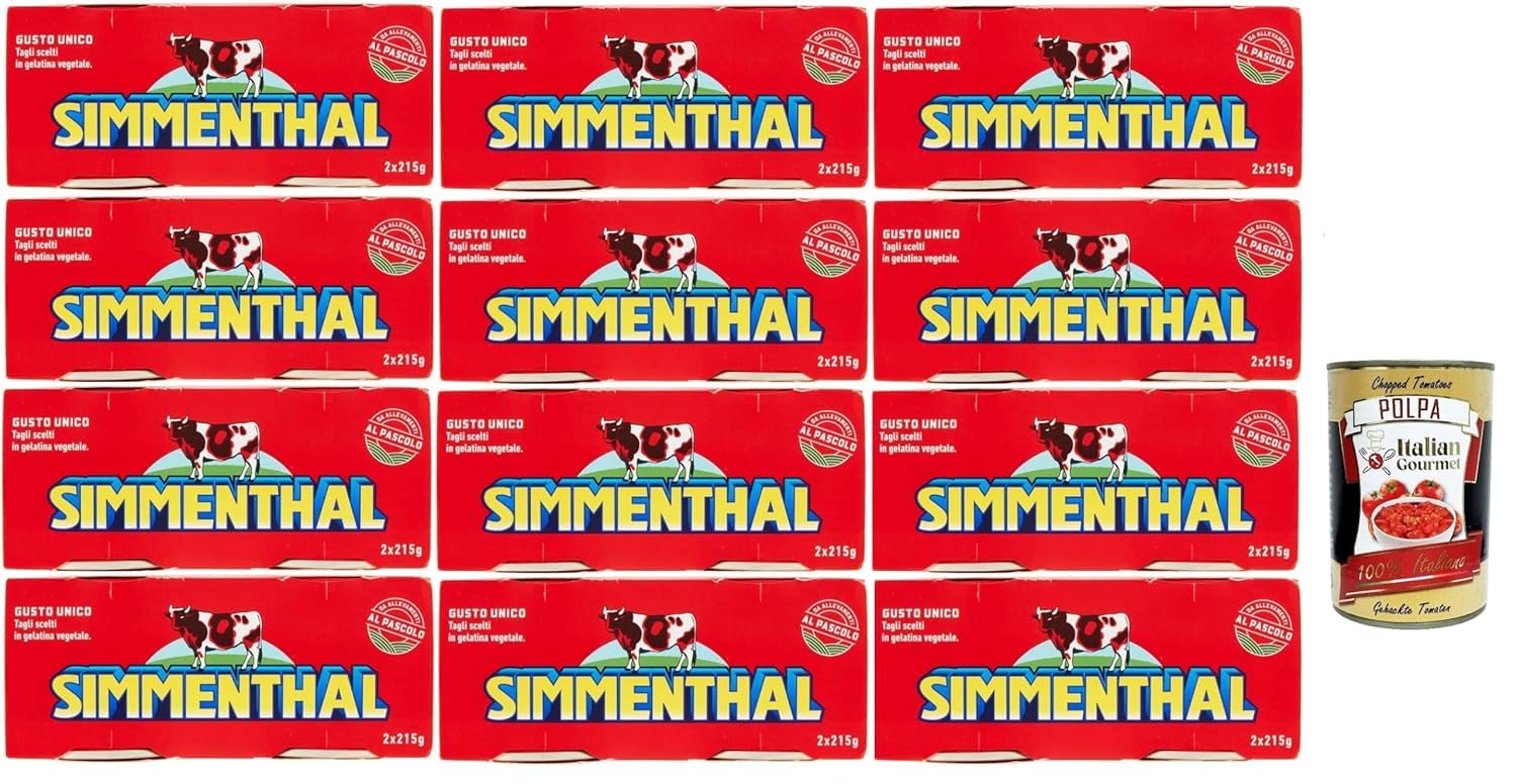 Italian Gourmet - Italienisches Rindfleisch in Aspik, Fleischkonserve in Dosen, 12 x (2 x 215g) Vorrat für Salate, Sandwiches & kalte Gerichte + Italian Gourmet polpa