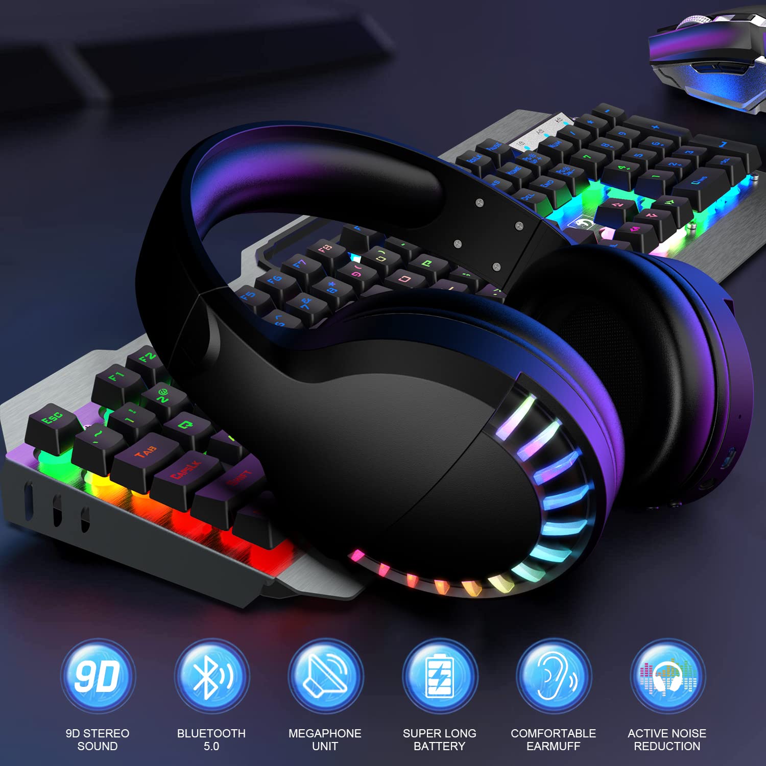 Drahtloses Bluetooth-Headset über dem Ohr, HiFi-Stereo-5.1-Kanal, RGB-LED-Pferderennen mit Hintergrundbeleuchtung, wiederaufladbares leichtes Gaming-Headset mit 1000 mAh und Mikrofon für PC / iPad