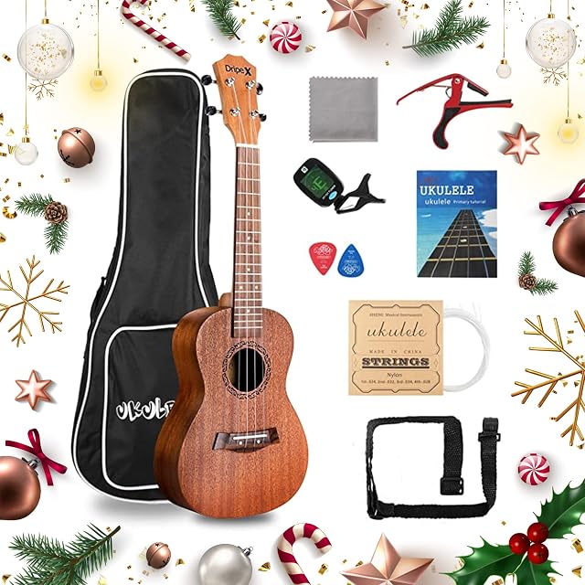 Dripex Concert Ukulele 23 Inch Ukulele with Beginner Kit (Ukulele Bag, Tuner, Strap, Capo, Clean Cloth, Spare String, Ukulele Picks and Instruction Manual)