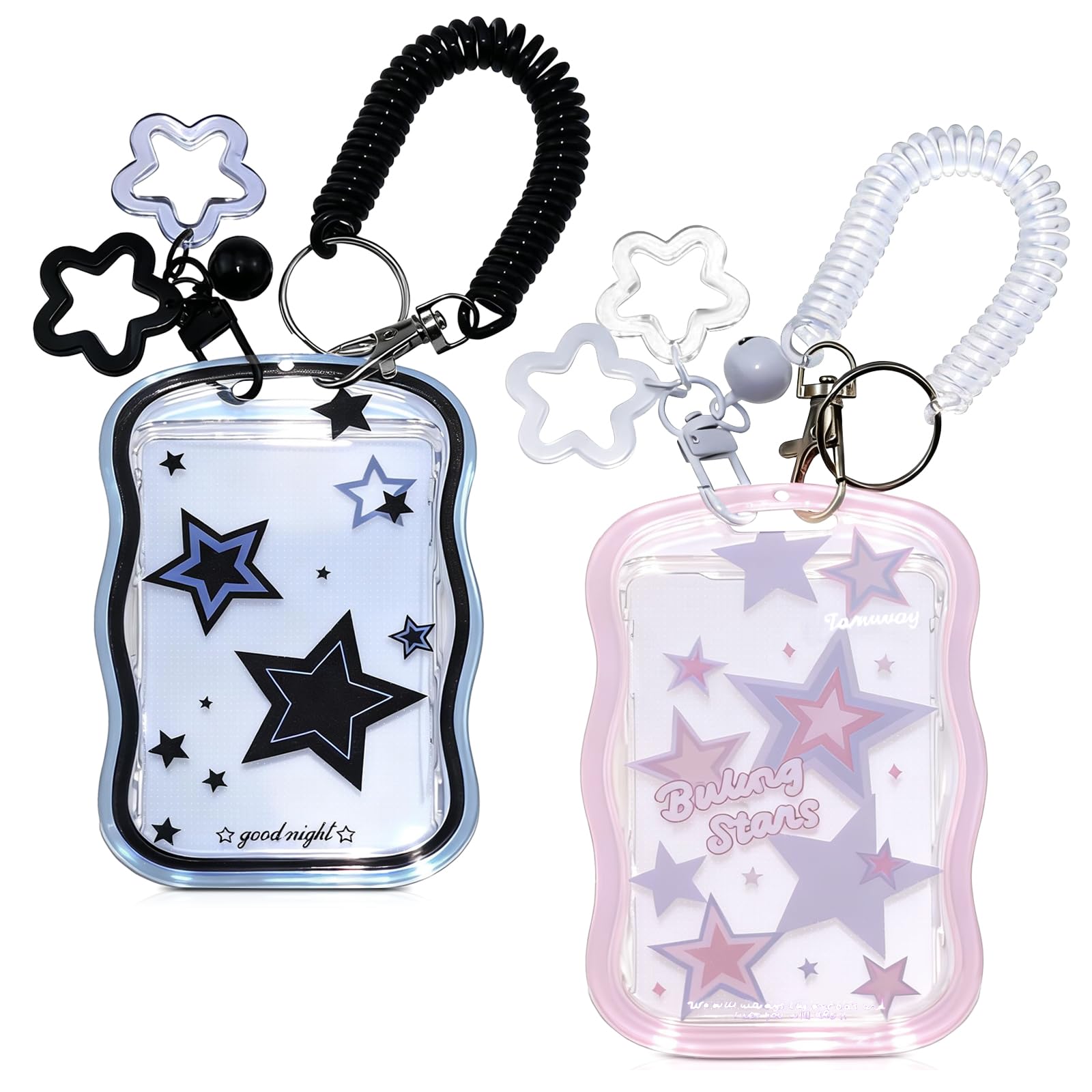 Lanstorm 2 PCS Photocard Holder Keychain, Photocard Holder with Spring String, Cute Star Photo Card Holder, Creative Photocard Keychain for Bus Card Student Cards Bank Card, (Black and Pink)