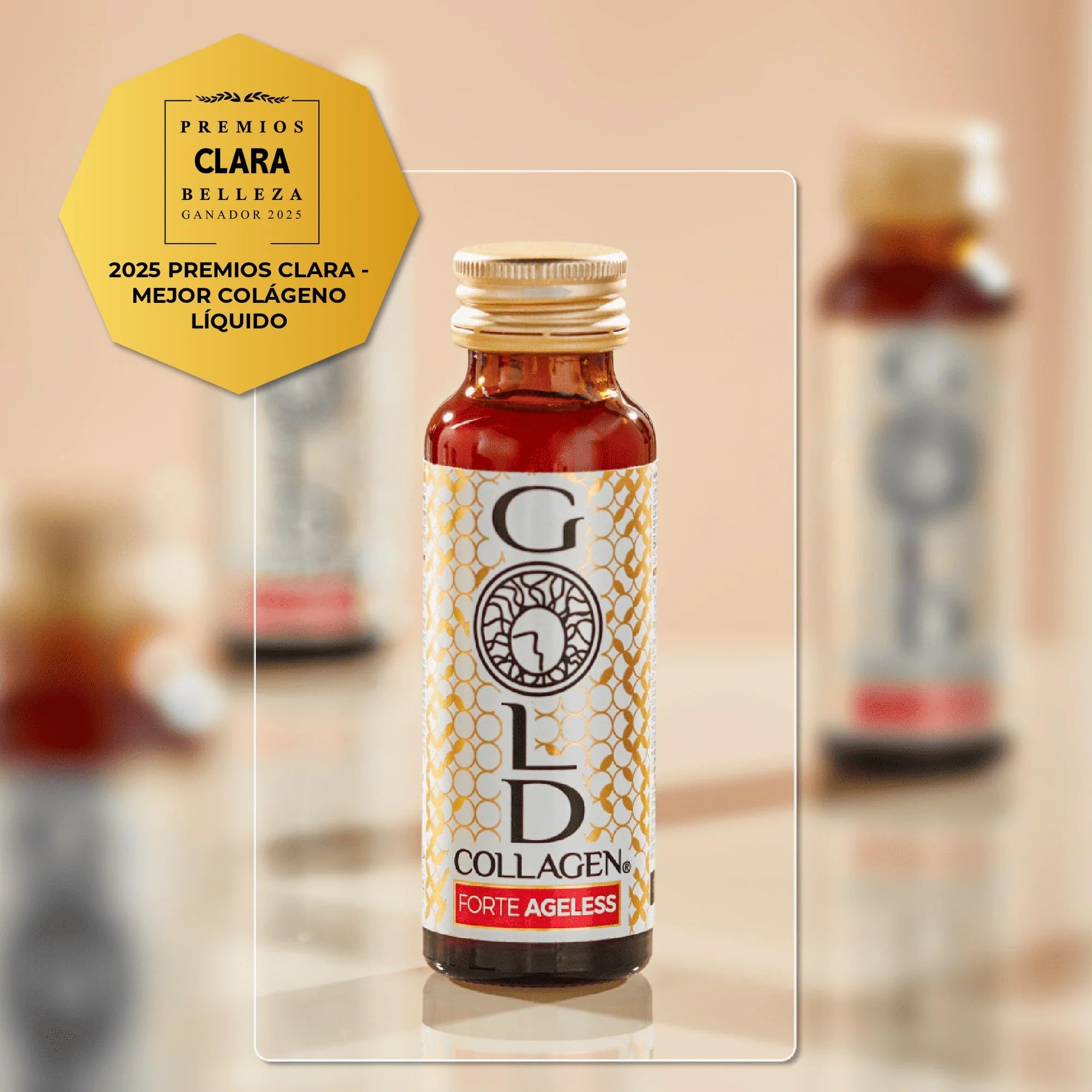 GOLD COLLAGEN Forte Ageless - Complemento Colágeno Marino Hidrolizado (12gr) con Ácido Hialurónico Antiarrugas, Pro Retinol, Vitamina C, D, Biotina, Coenzima Q10, Elastina Reduce Líneas Finas, 10x50ml