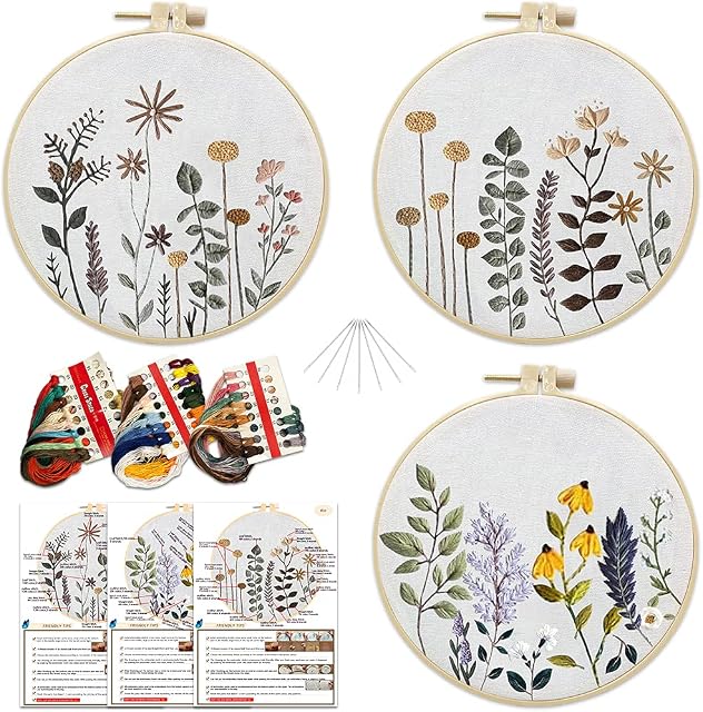 TOHHOT 3pcs Flower Embroidery Kits for Beginners,Include Embroidery Clothes with Pattern,3pcs Embroidery Hoops and Instructions, Scissors,Cross Stitch Set for Adults DIY Decor Living Room