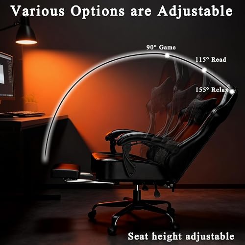 Miniatura 7 de Silla ergonómica para juegos con cojín de resorte con bolsillos, silla de computadora de tela transpirable con reposapiés, soporte lumbar ajustable,