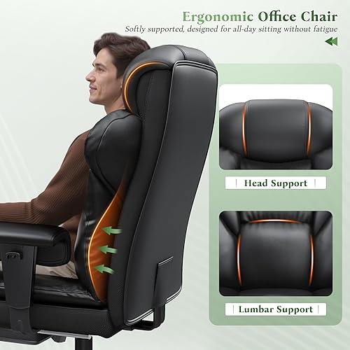 Miniatura 4 de Silla de oficina con respaldo alto, silla de oficina de cuero ejecutiva grande y alta de 400 libras con reposapiés y brazos, silla ancha ergonómica
