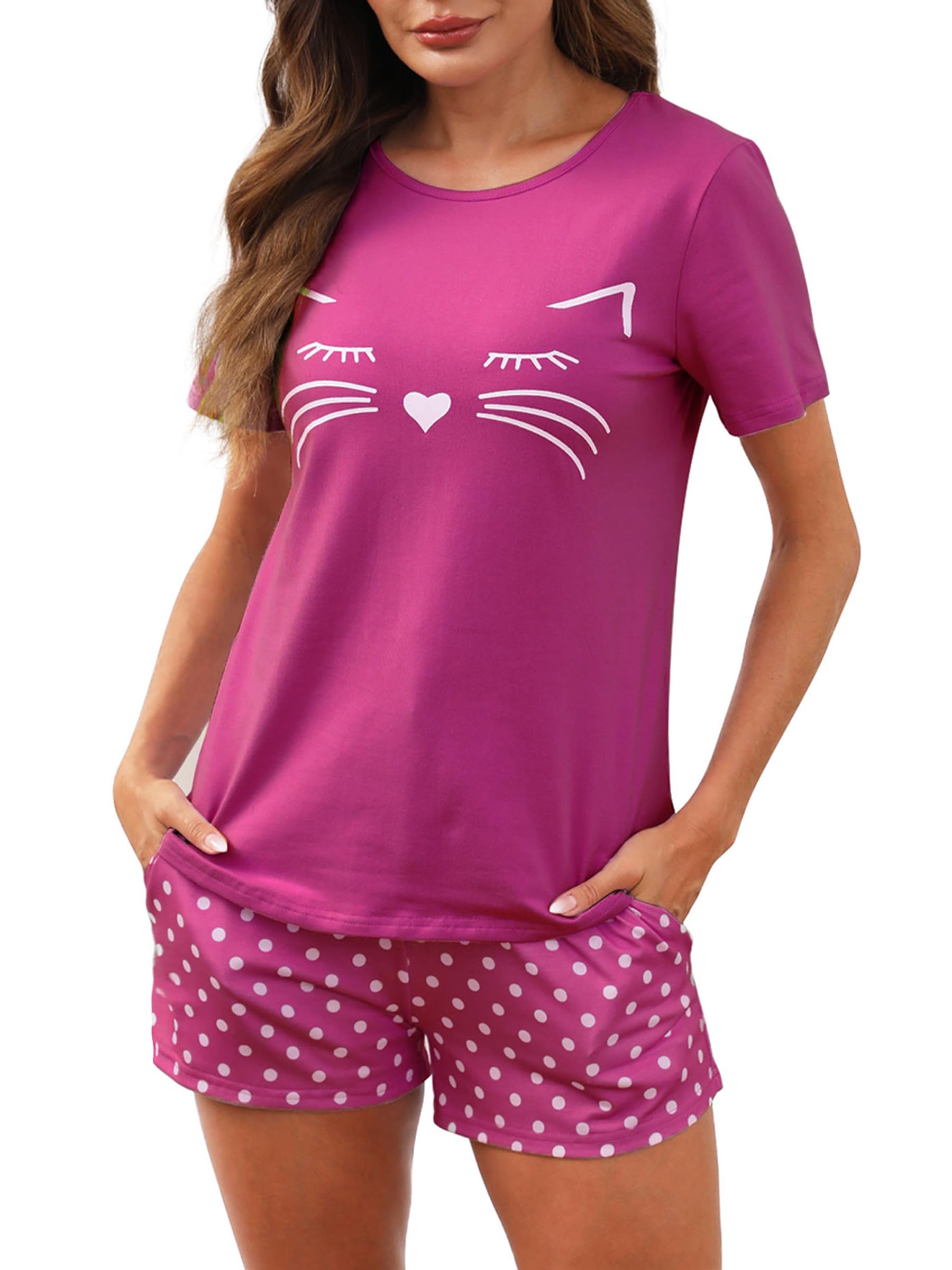 Reliwel Schlafanzug Damen Kurz Baumwolle Pyjama Set Kurzarm Nachtwäsche Set Sommer Zweiteiliger T-Shirt und Damen Pyjamahose Sleepwear Hausanzug Loungewear