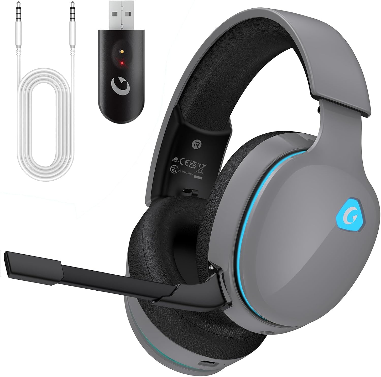 Wireless Gaming Headset 2.4GHz USB for PS5, PS4, PC, Switch, Bluetooth 5.3 Gaming Headphones with Detachable Microphone for Gamer, Surround Sound, ONLY 3.5mm Wired Jack for Xbox Series(Gray)