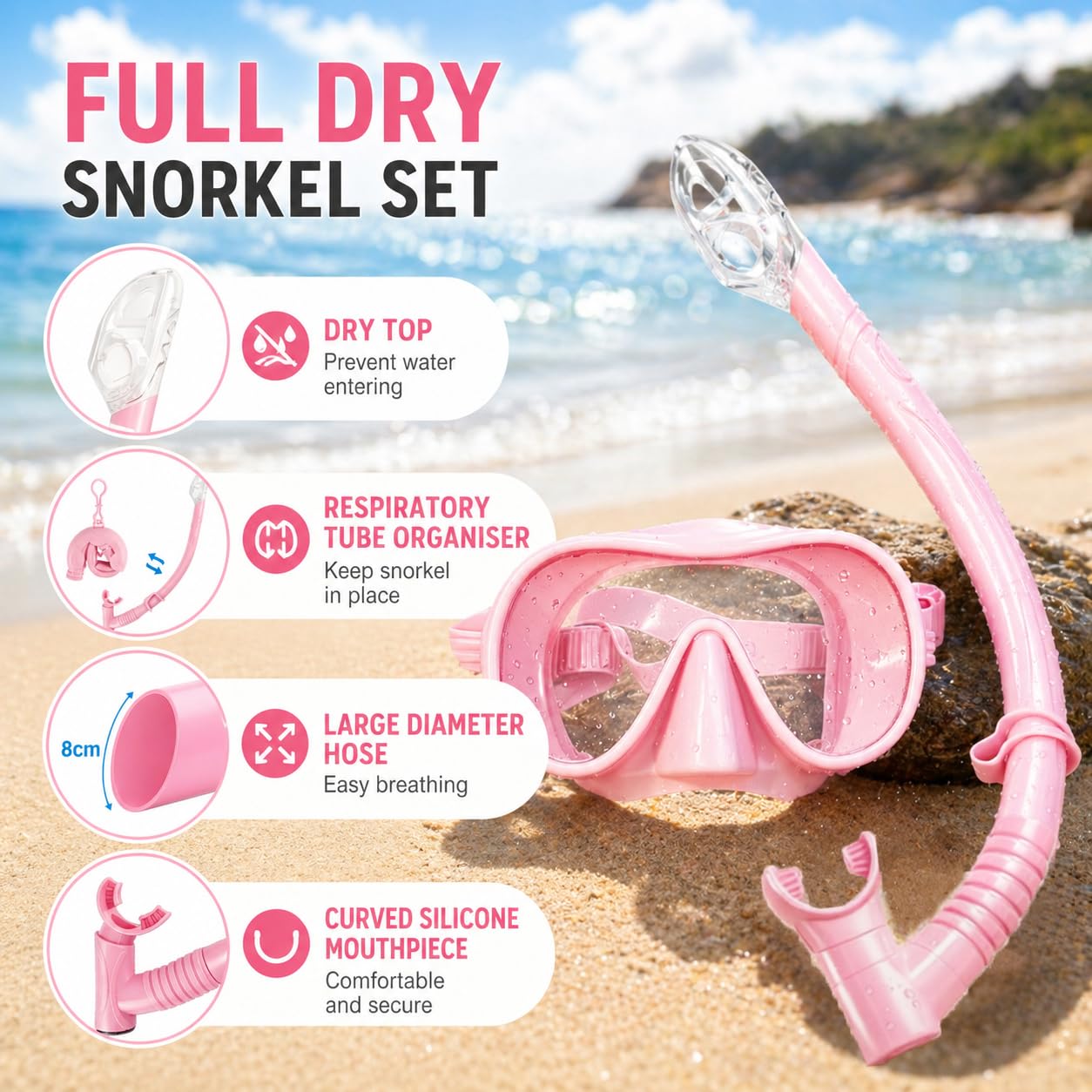 Qingning Set da snorkeling per adulti, con boccaglio e occhiali da immersione, maschera subacquea e boccaglio asciutto, maschera subacquea impermeabile con boccaglio asciutto per snorkeling
