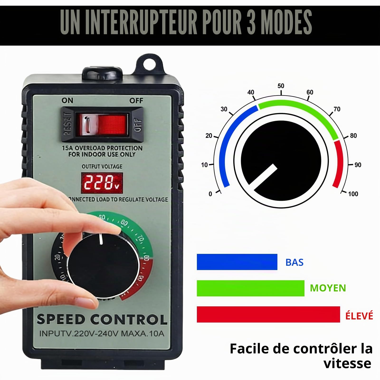 Régulateur de vitesse 220V : AC 220V 10A Régulateur de tension avec protection contre les surcharges Puissance de pointe 4000W, Régulateur de vitesse progressif pour meuleuse d’angle Souffleur