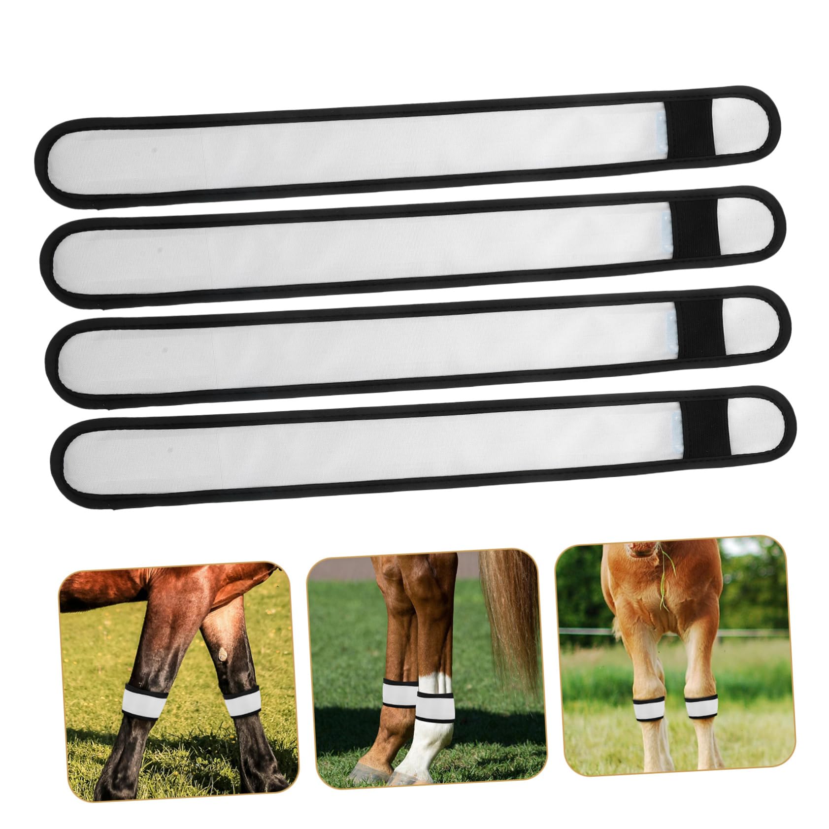 Happyyami 4 Stück Weißer Lederpferdestiefel mit Pferdedecke Reflektierend Vorderzeug für Pferde und Leuchtendes Reiten Zubehör für Sicheres Nachtreiten