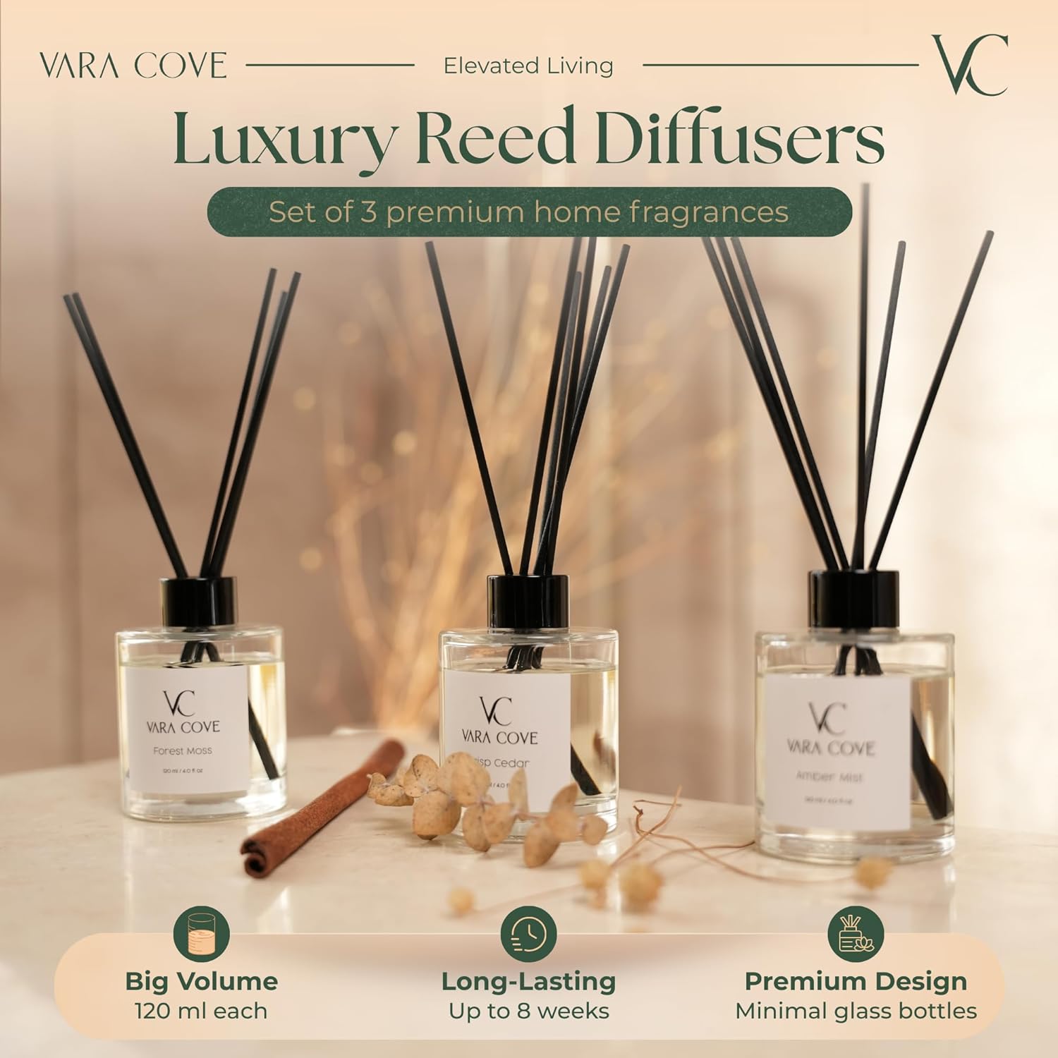 Reed Diffuser Set - 3 Pack (4.0 fl oz Each) - Long Lasting Home Fragrance Diffuser Sticks for Home, Office & Bathroom - Amber, Cedar & Moss Scents - Luxury Home Scent Gift Set - Vara Cove
