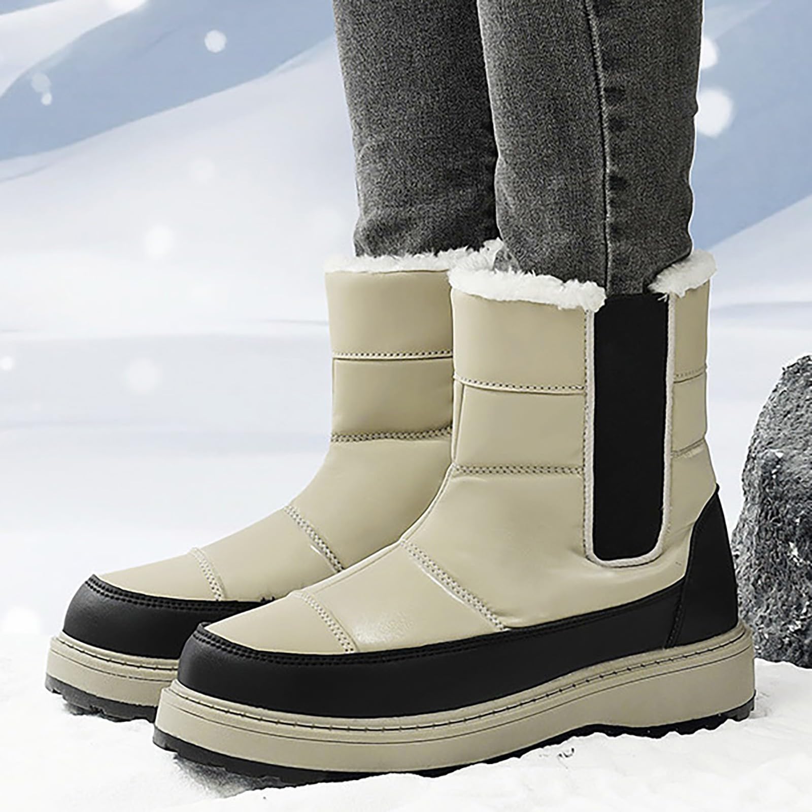 Bottes de neige imperméables pour femme - Chaudes et antidérapantes - Doublure en fourrure - Fermeture éclair - Bottes courtes pour le trekking et la randonnée, kaki, 38.5 EU