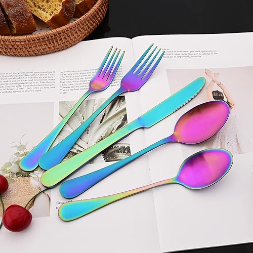Miniatura 2 de JASHII Juego de cubiertos de 20 piezas con acabado satinado, servicio para 4, juego de cubiertos de titanio, juego de utensilios de arcoíris mate,