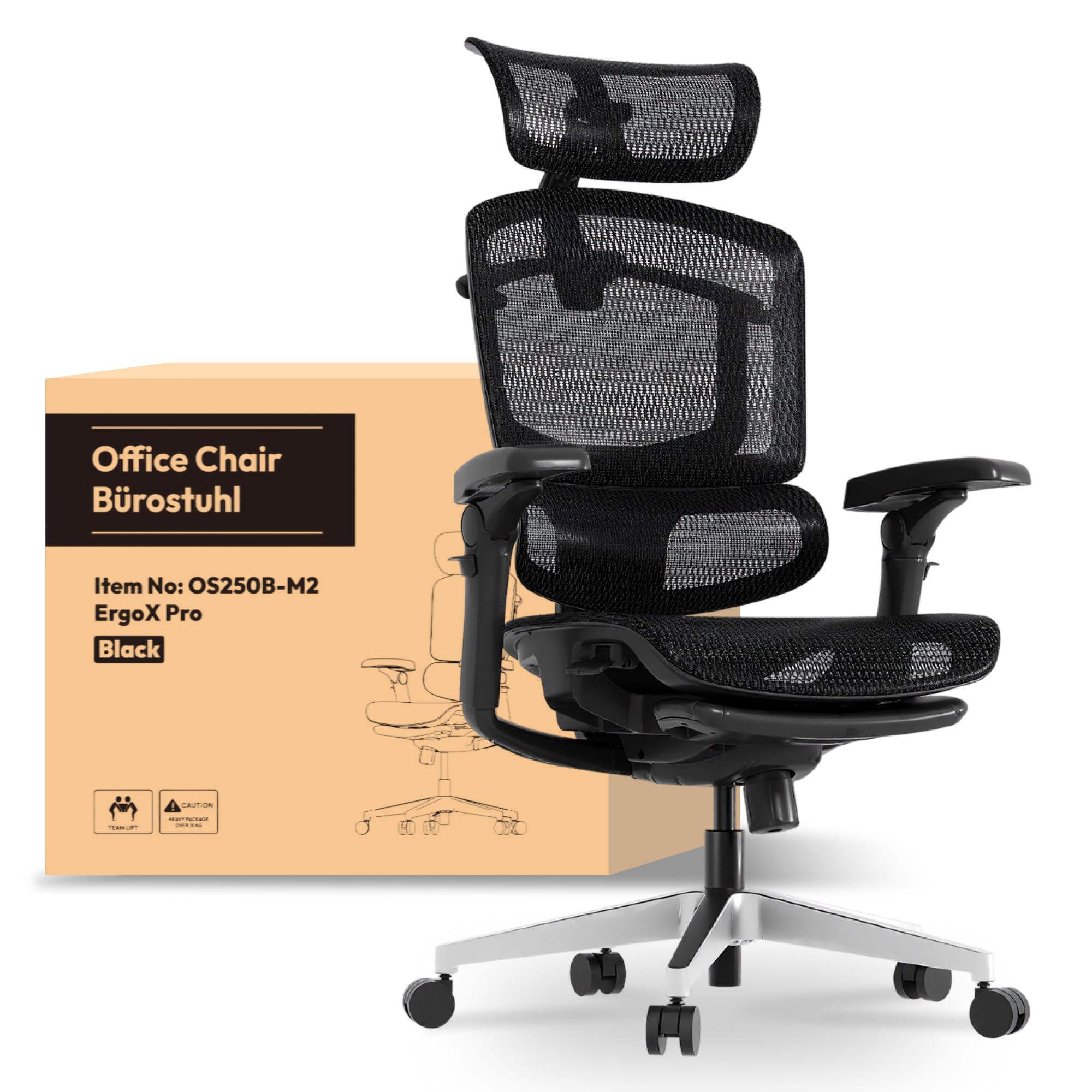 FLEXISPOT ErgoX Pro Sedia da Ufficio Ergonomica con Poggiapiedi, Altezza Regolabile a 12 Livelli, Braccioli 7D, Supporto Lombare 5D, Poggiatesta 4D, Portata 250 kg e Seduta in Rete Traspirante – Nero