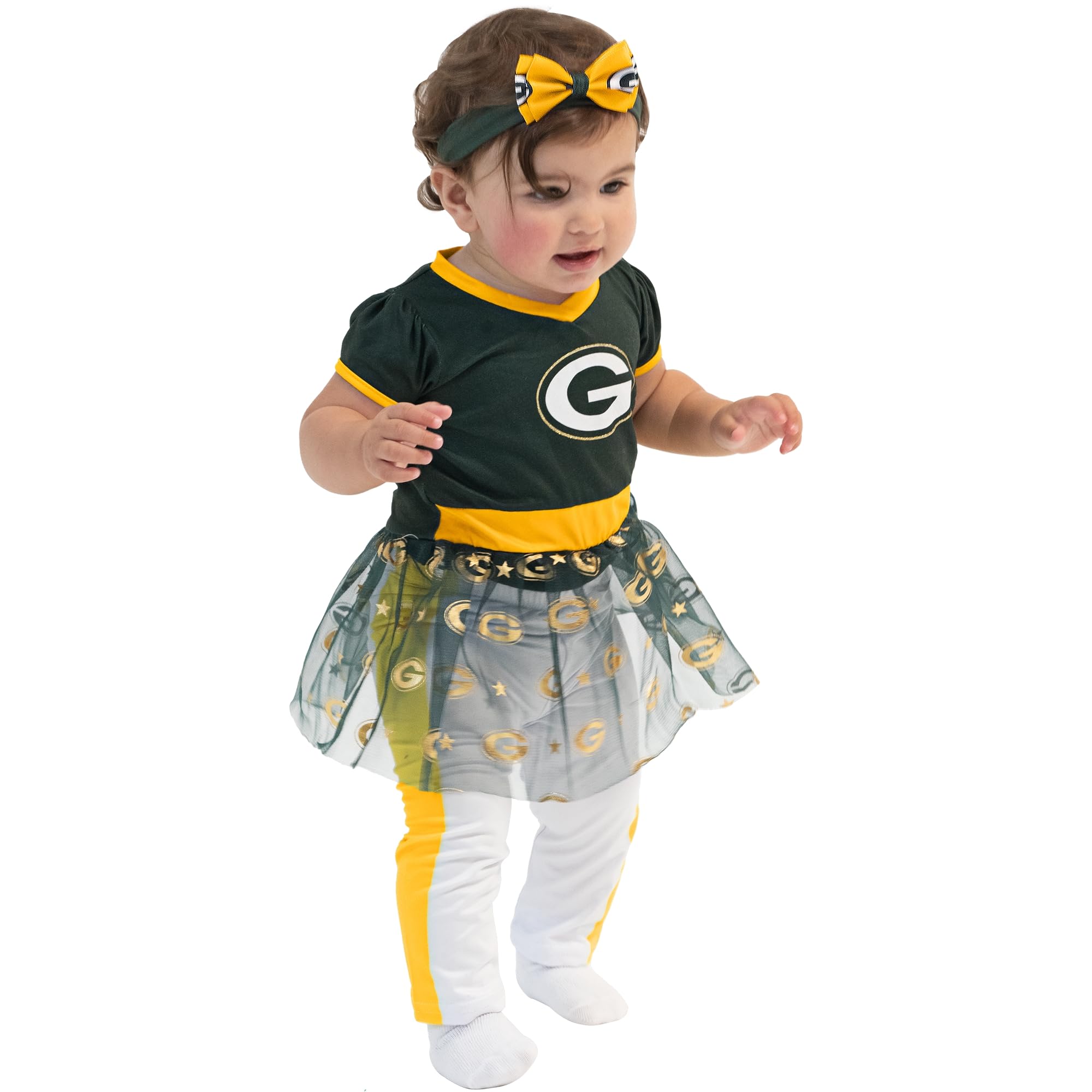 MODERN HERO Officially Licensed Infant One-piece Bodysuit and Leggings includes Bodysuit with Mesh Skirt, Leggings and Matching Headband (12 Months, Green Bay Packers)
