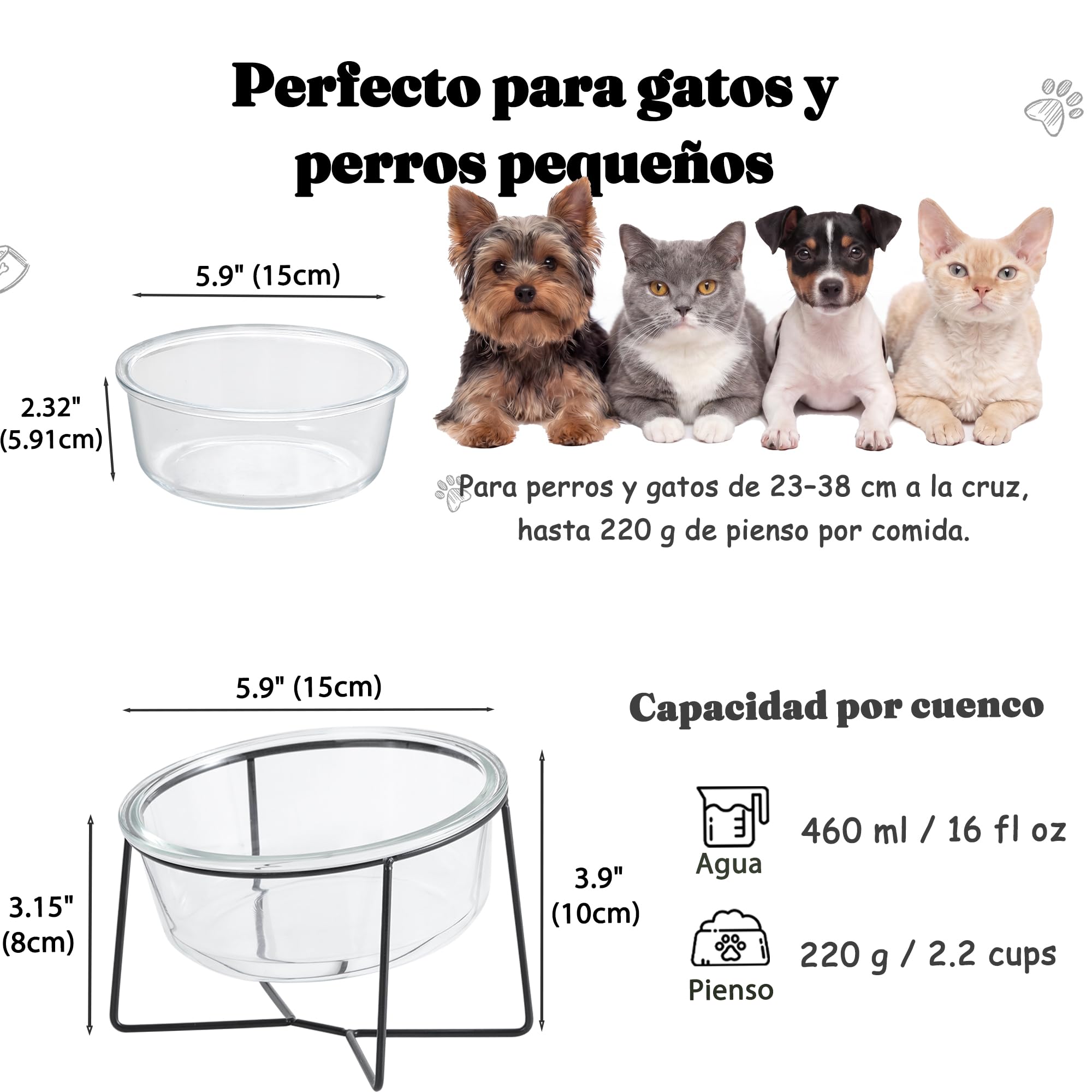 Comedero Elevado para Gato con Soporte, Cuenco de Cristal 460 ml para Agua y Comida, Apto para Perro Pequeño y Cachorro