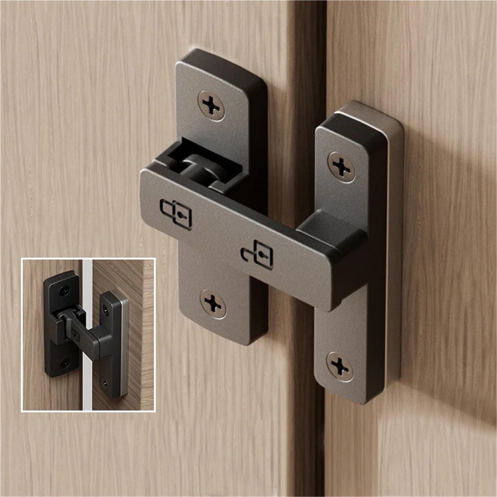 Pestillo de seguridad for puerta de interior sin perforación, cerradura de puerta corrediza de baño con hebilla, cierre a presión, estilo antiguo, for montaje en superficie, 1 unidad(90-Gray)