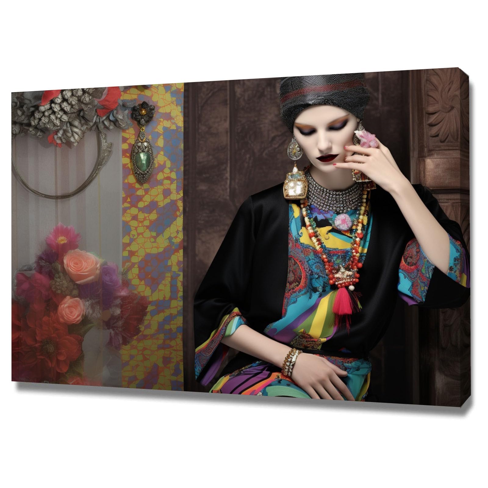 TERUEA Elegant Artwork for Girls Room Bedroom Wall Decor Woman With Colorful Outfit And Ornate Jewelry Portrait Vintage Humor Wall Poster for Bathroom Toilet Decor(Multi)-60x90cm Framed