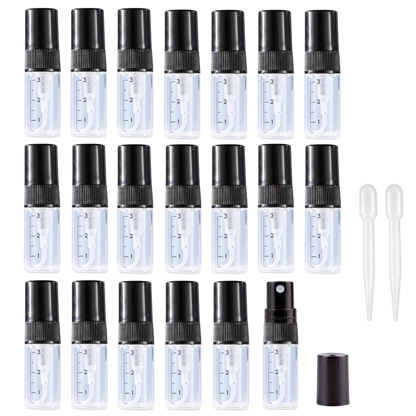 Apstaqeoo 3Ml × 20Pcs Black Sprayer 20Pcs, 3Ml Empty Glass Spray Bottles With Scale - Clear Mini Sample Perfume Atomizer Vial Travel Bottles Set With Fine Mist Sprayer & Black Dust Cap Perfect For Fragrance, Essential Oils