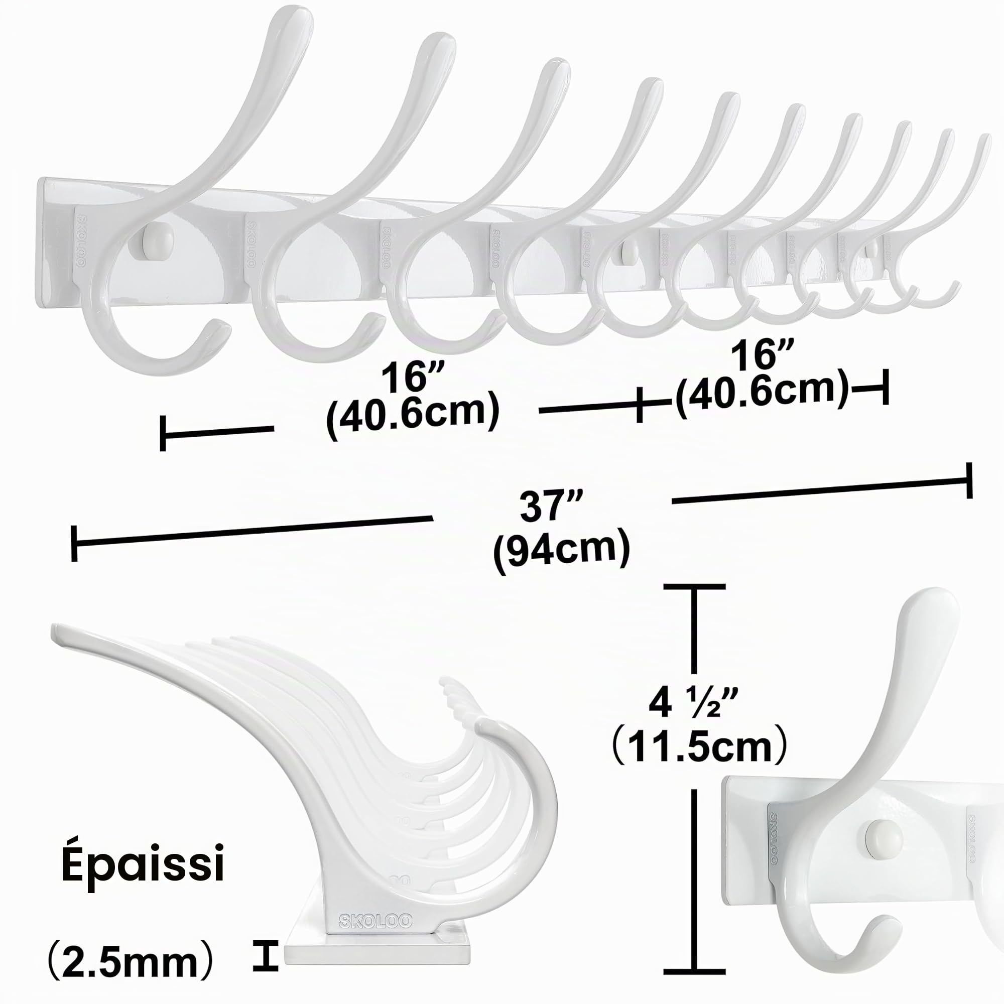 SKOLOO Porte-manteau mural – 10 crochets, très résistant, en acier inoxydable, crochets robustes pour suspendre manteau, veste, vêtements, chapeau, blanc