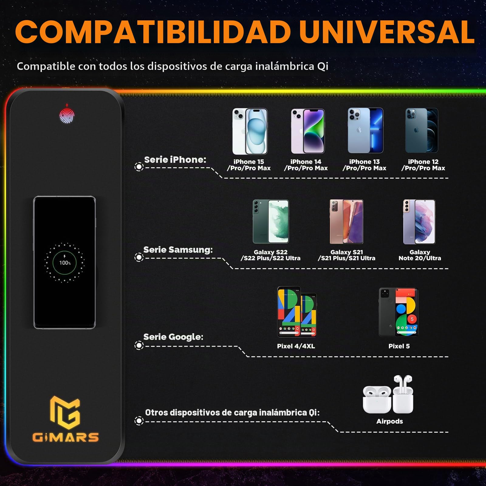 Gimars Alfombrilla Ratón Gaming RGB con 15W Carga Inalámbrica, 800×300mm Mousepad XXL con 10 Modos Iluminación LED, Tapete Rato Impermeable Base Antideslizante para Escritorio Oficina Gamer