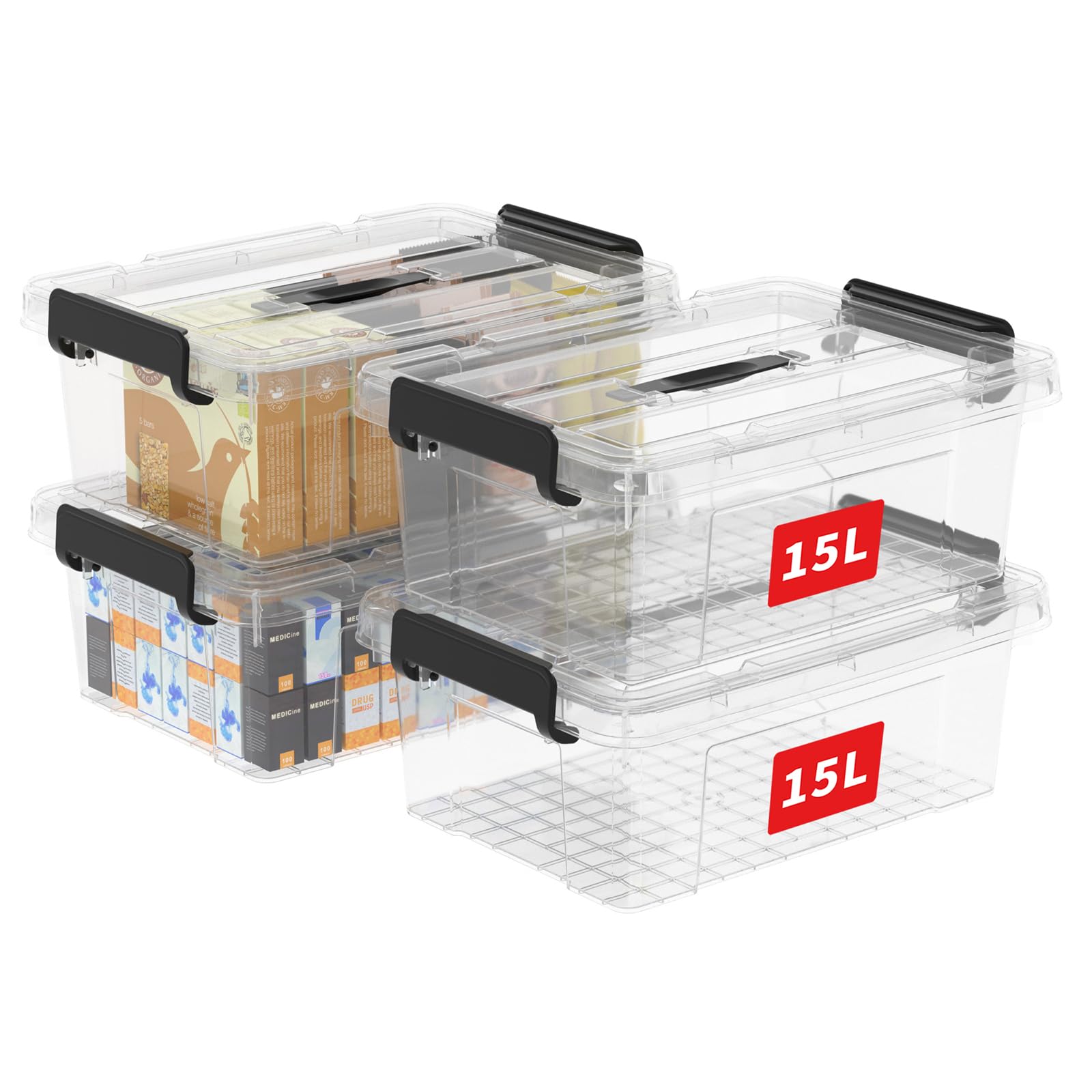 Lidded Storage Bin with Handle, Tote Organizing Container with Durable Lid and Secure Latching Buckles, Stackable and Nestable, Plastic, 16 Quart-4 Pack, Clear