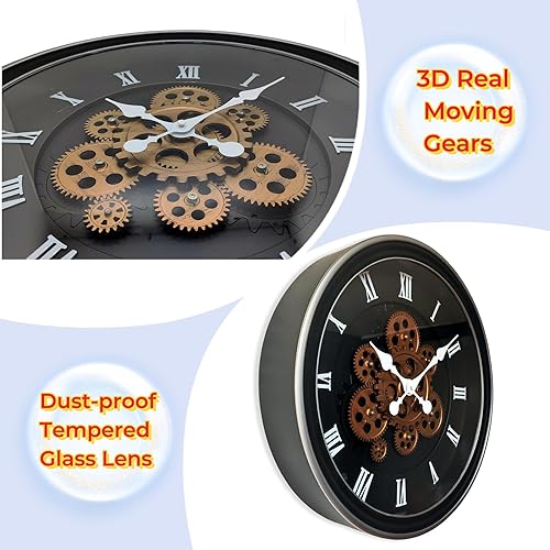 Miniatura 5 de Evursua Reloj de pared grande de 15.2 pulgadas con engranajes reales, reloj de pared móvil vintage industrial steampunk estética, arte para