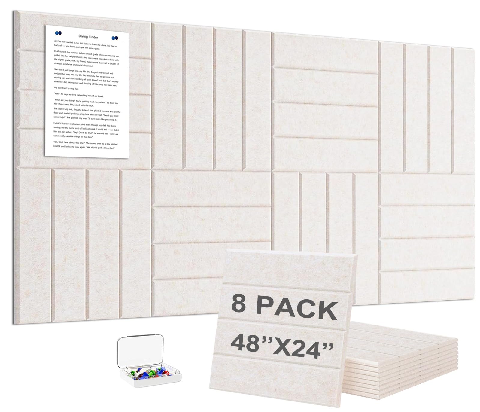 Large Felt Bulletin Board Wall Tiles,8-Pack Black Flat Felt Pin Board with 30 Pushpins and 56 Safe Removable Adhesive Tabs(Flat Oatmeal)