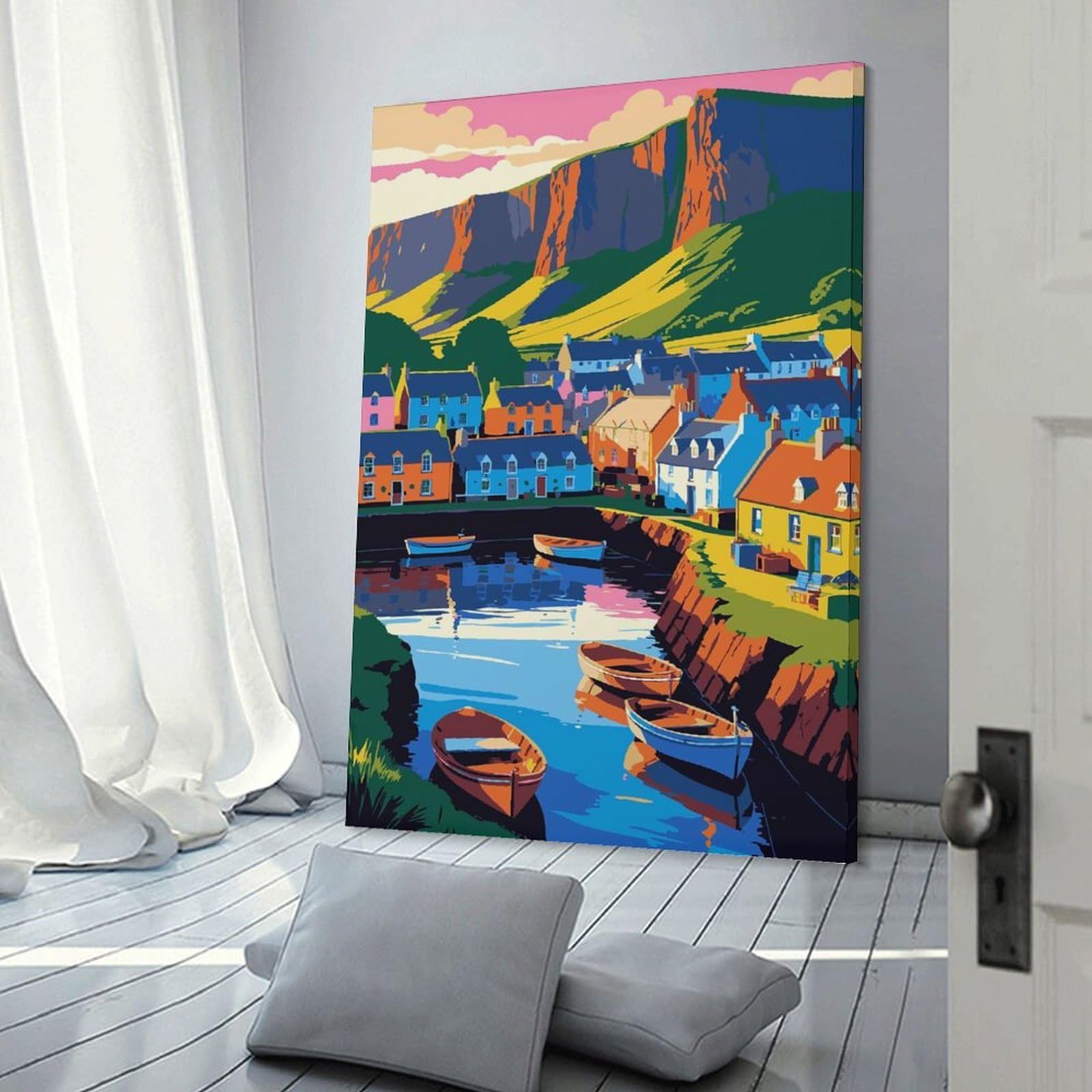 Junmoney Colorful Coastal Village with Boats Hanging Wall Art 12x18inch(30x45cm), for Small Homes, Bedrooms Or Open Spaces, Decorative Canvas Decor for Home Updates